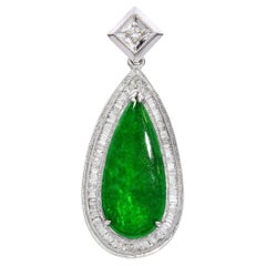 GIA Vintage 18k White Gold Imperial Green Jadeite and Diamond Pendant
