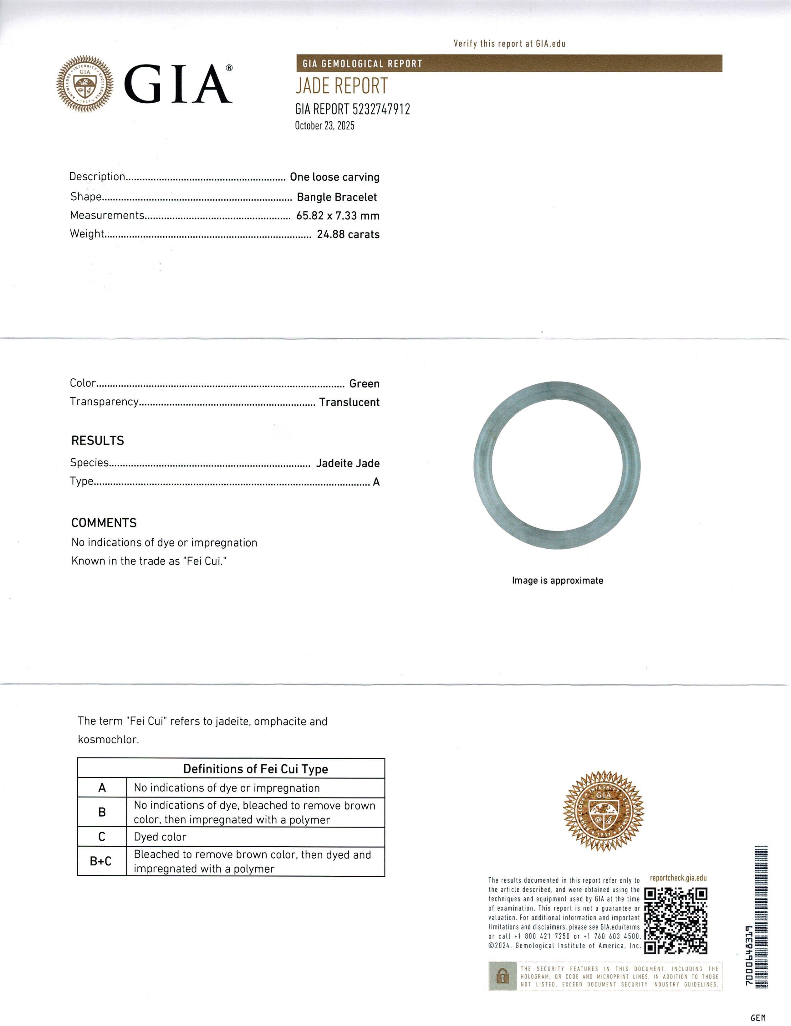 GIA Vintage 24.88ct Translucent Grade A Green Jadeite Jade Bangle Bracelet en venta 1