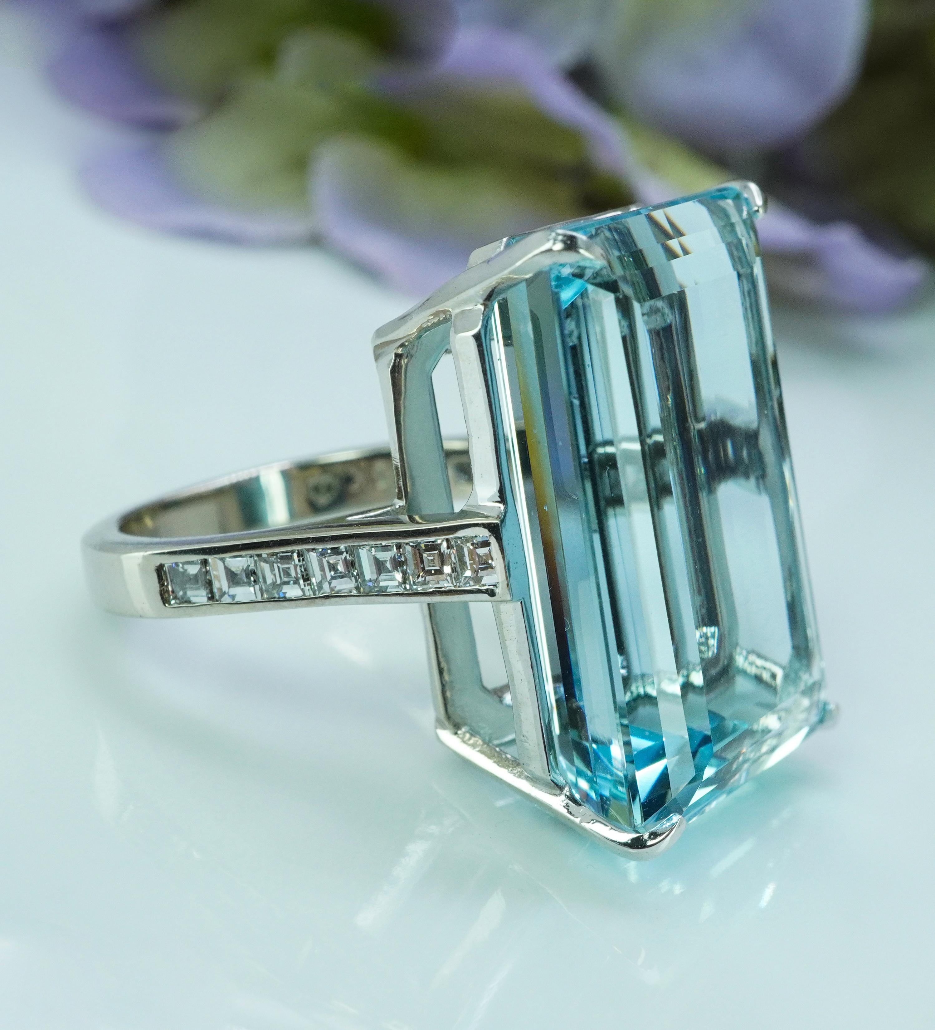 GIA Vintage 30ct Aquamarine Asscher Diamond Ring 18K White Gold Estate Jewelry For Sale 8