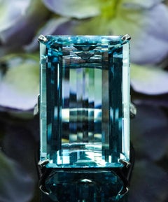 GIA Vintage 30ct Aquamarine Asscher Diamond Ring 18K White Gold Estate Jewelry