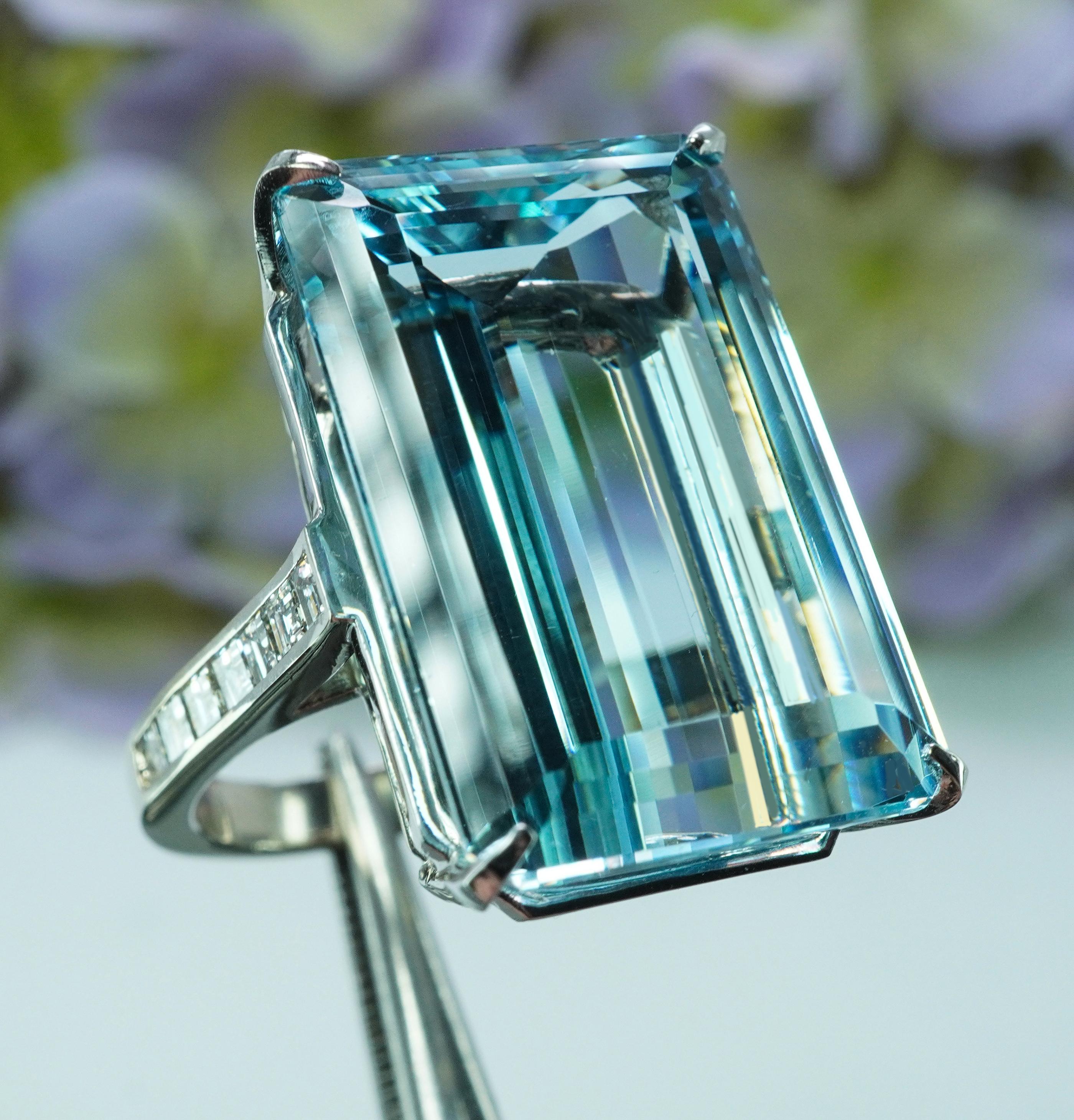 Emerald Cut GIA Vintage 30ct Aquamarine Asscher Diamond Ring 18K White Gold Estate Jewelry For Sale