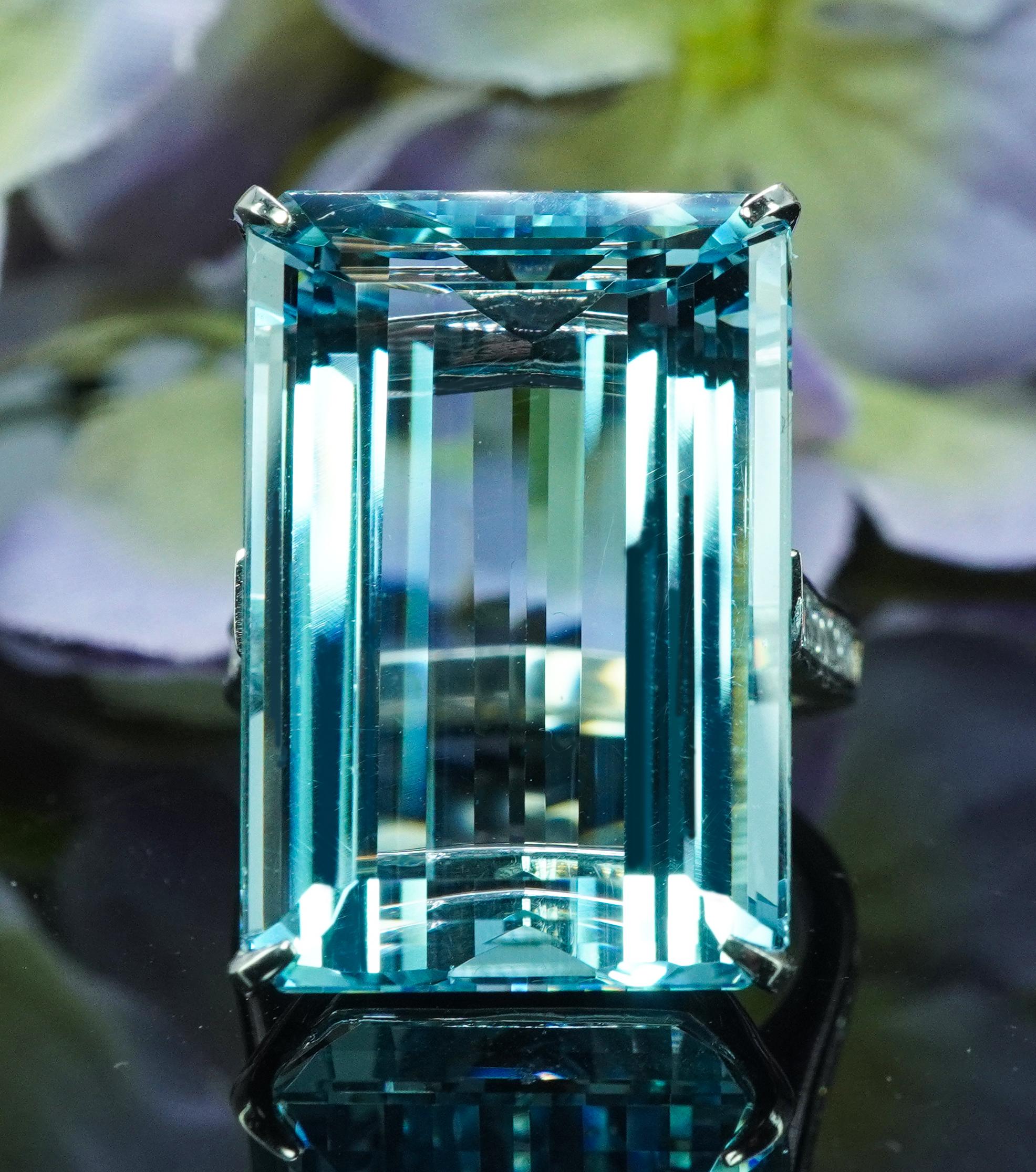 GIA Vintage 30ct Aquamarine Asscher Diamond Ring 18K White Gold Estate Jewelry For Sale 1
