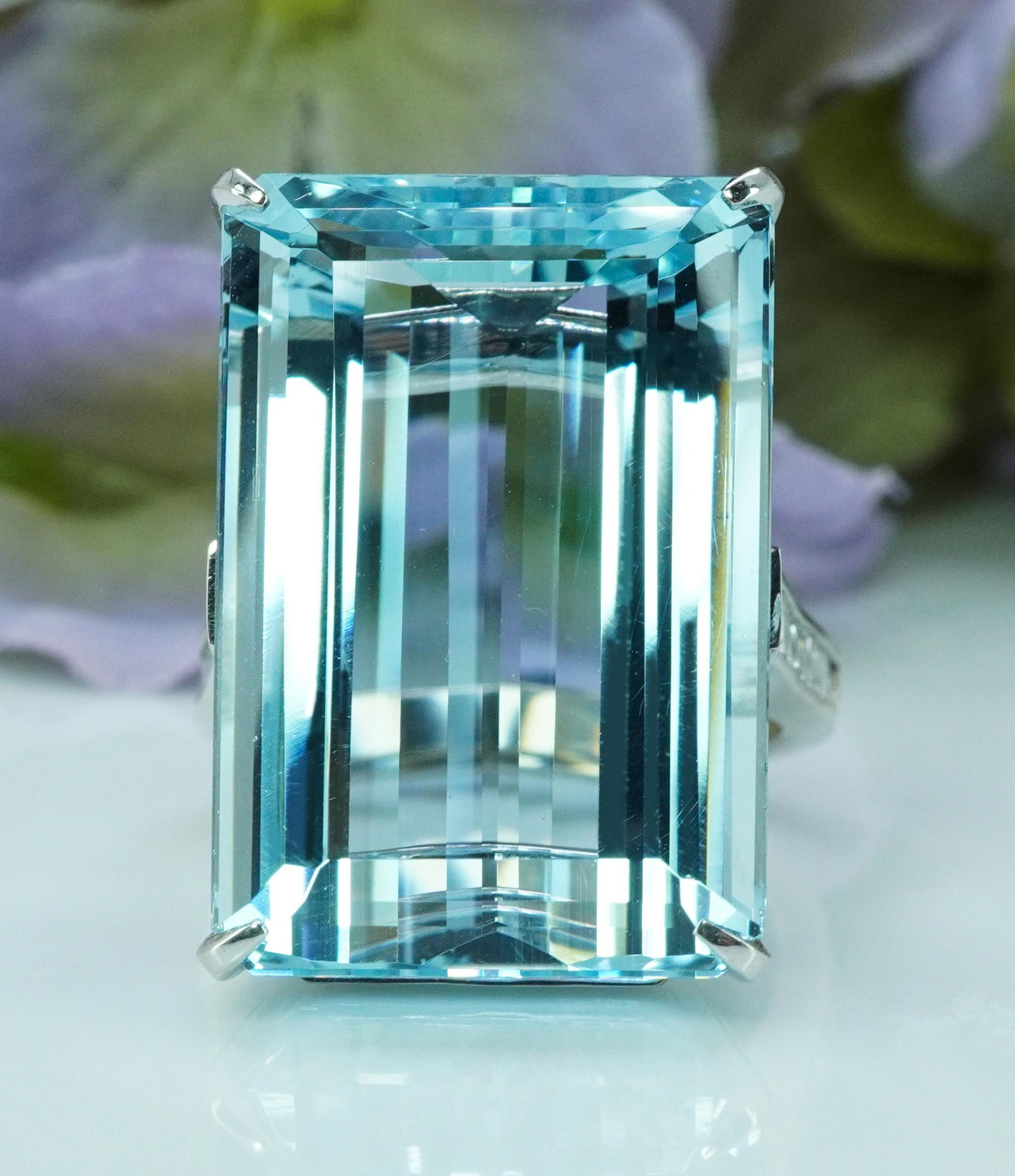 GIA Vintage 30ct Aquamarine Asscher Diamond Ring 18K White Gold Estate Jewelry For Sale 2