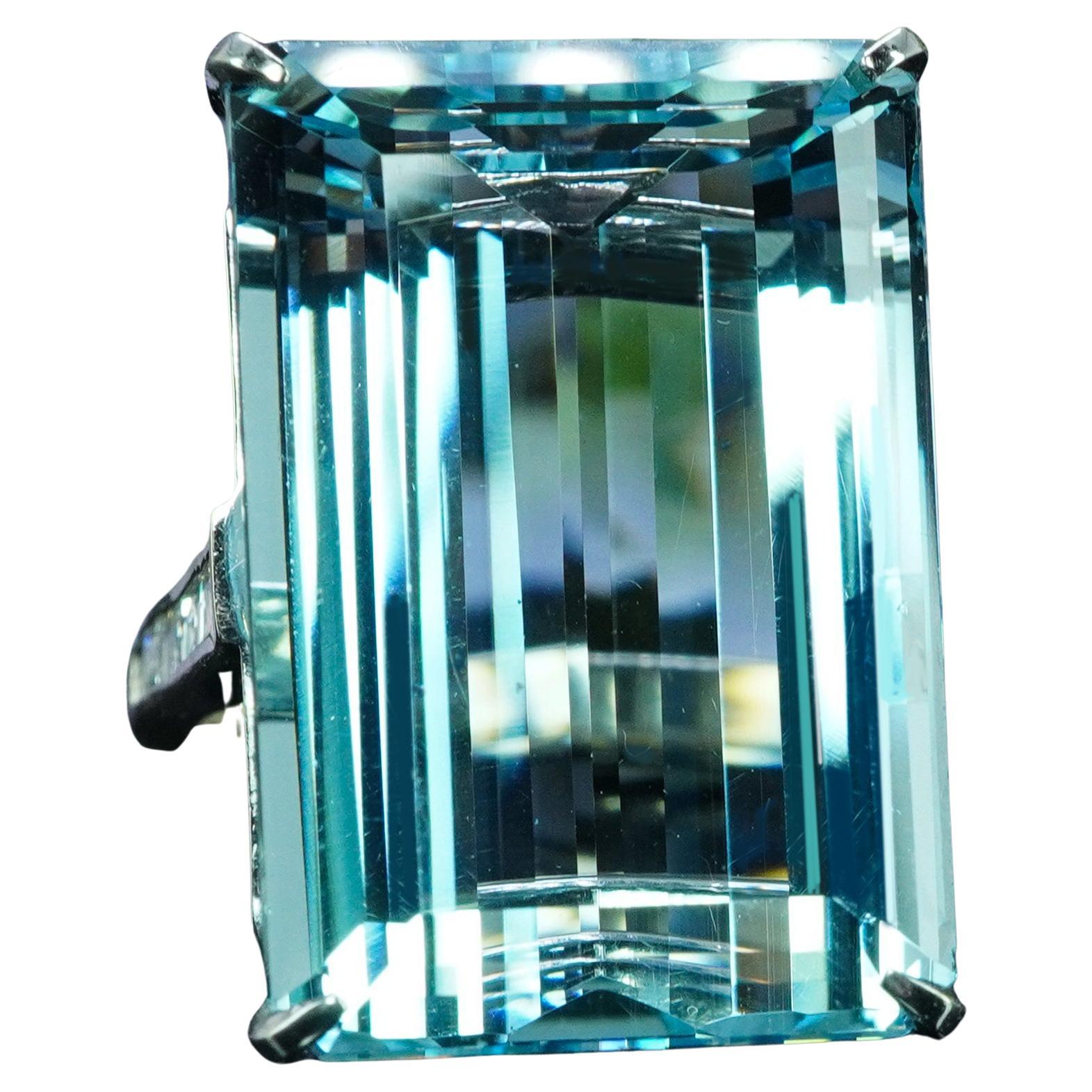 GIA Vintage 30ct Aquamarine Asscher Diamond Ring 18K White Gold Estate Jewelry