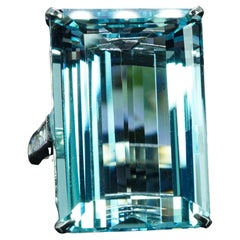 GIA Vintage 30ct Aquamarine Asscher Diamond Ring 18K White Gold Estate Jewelry