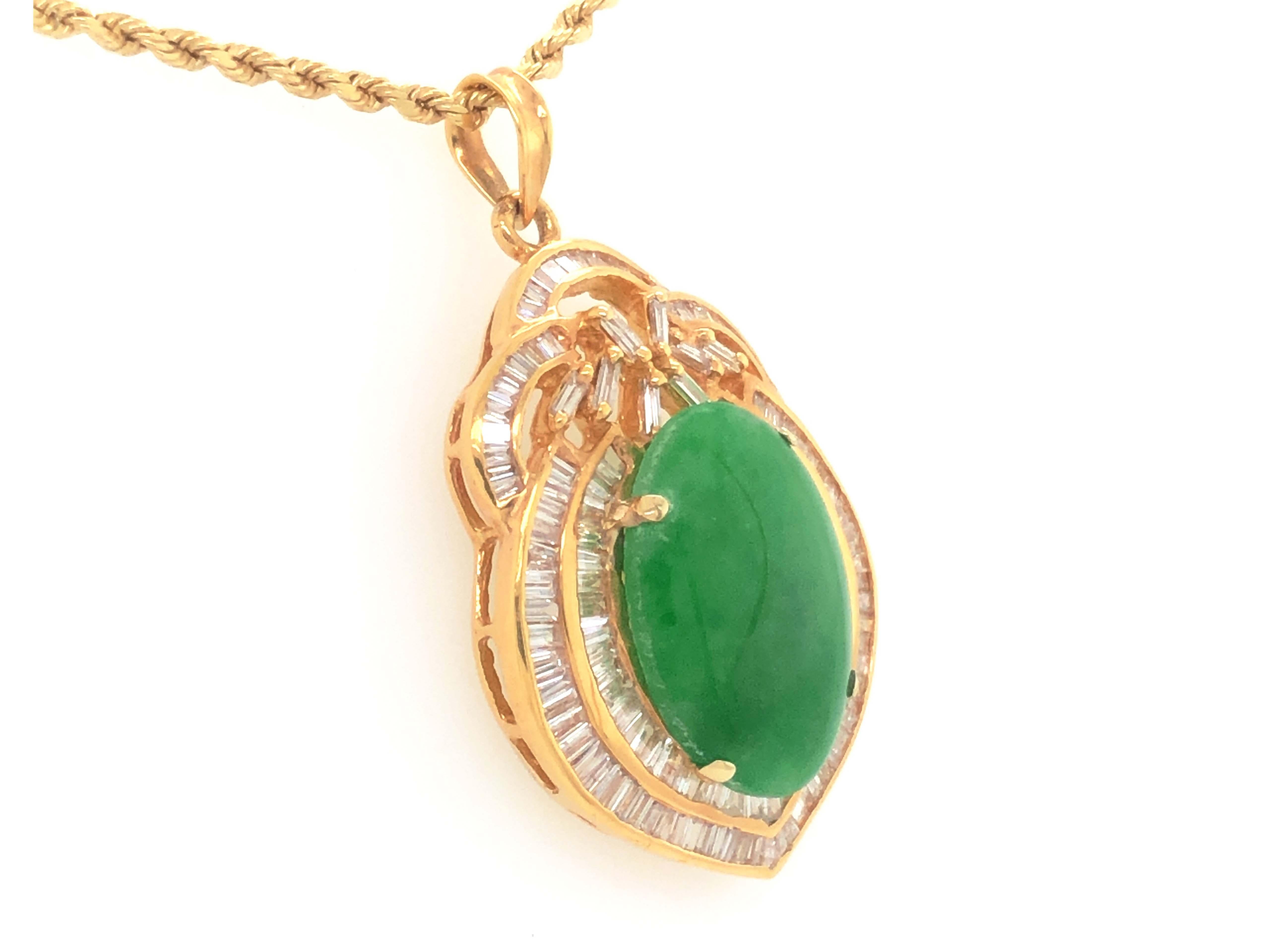 Modern GIA Vintage Cabochon Mottled Green Translucent Jadeite Jade and Diamond Pendant