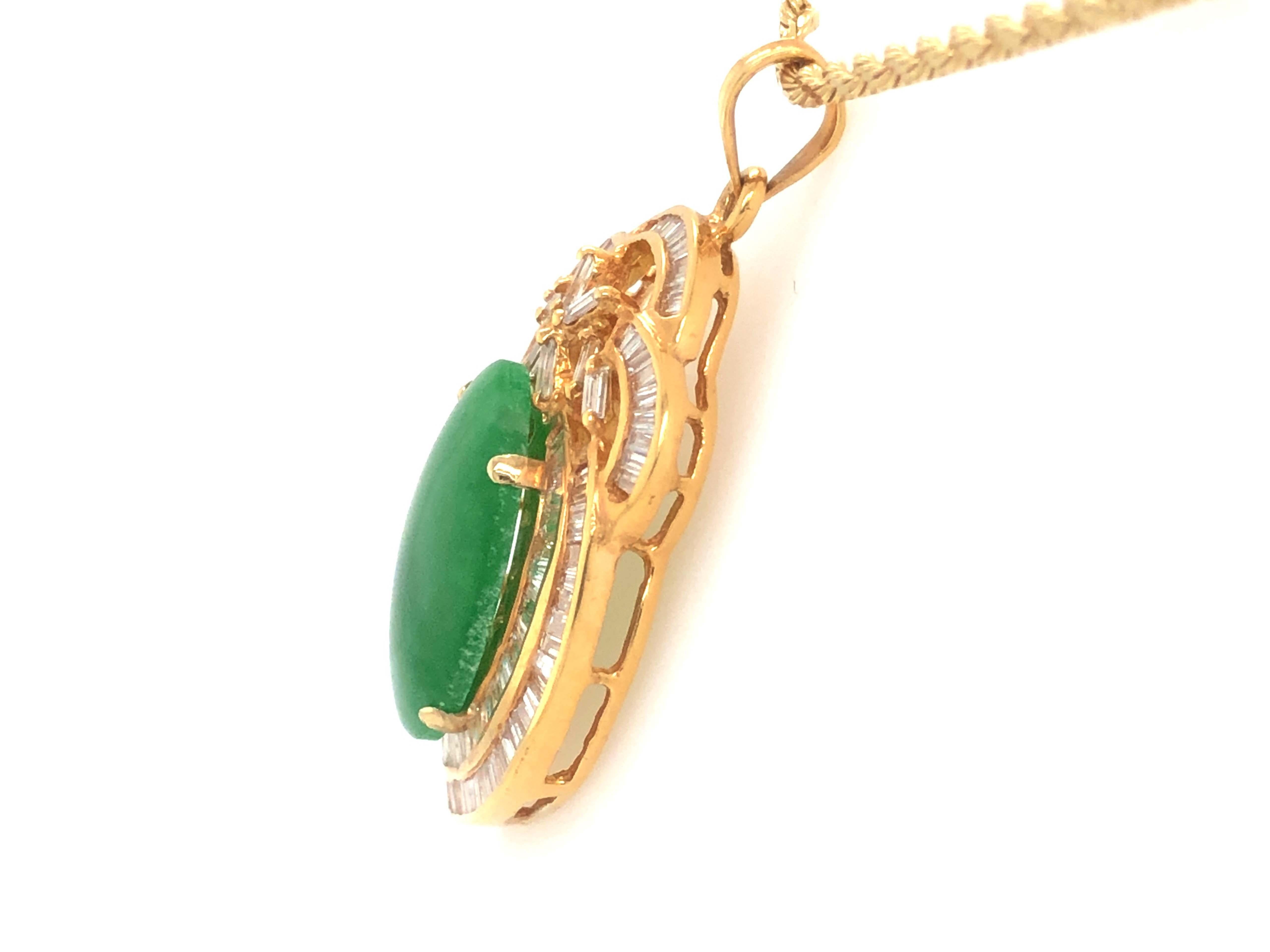 GIA Vintage Cabochon Mottled Green Translucent Jadeite Jade and Diamond Pendant 2