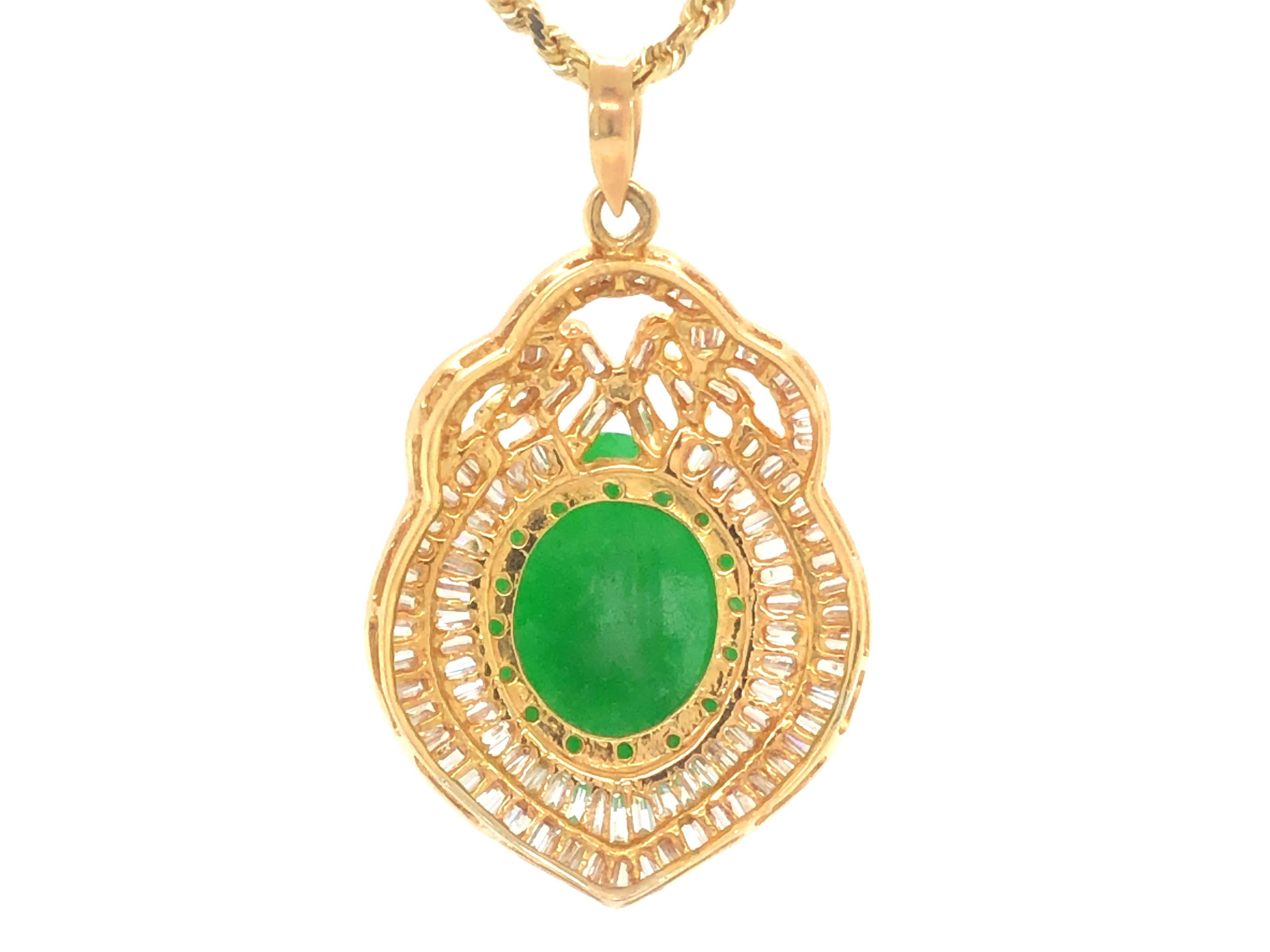 GIA Vintage Cabochon Mottled Green Translucent Jadeite Jade and Diamond Pendant 3