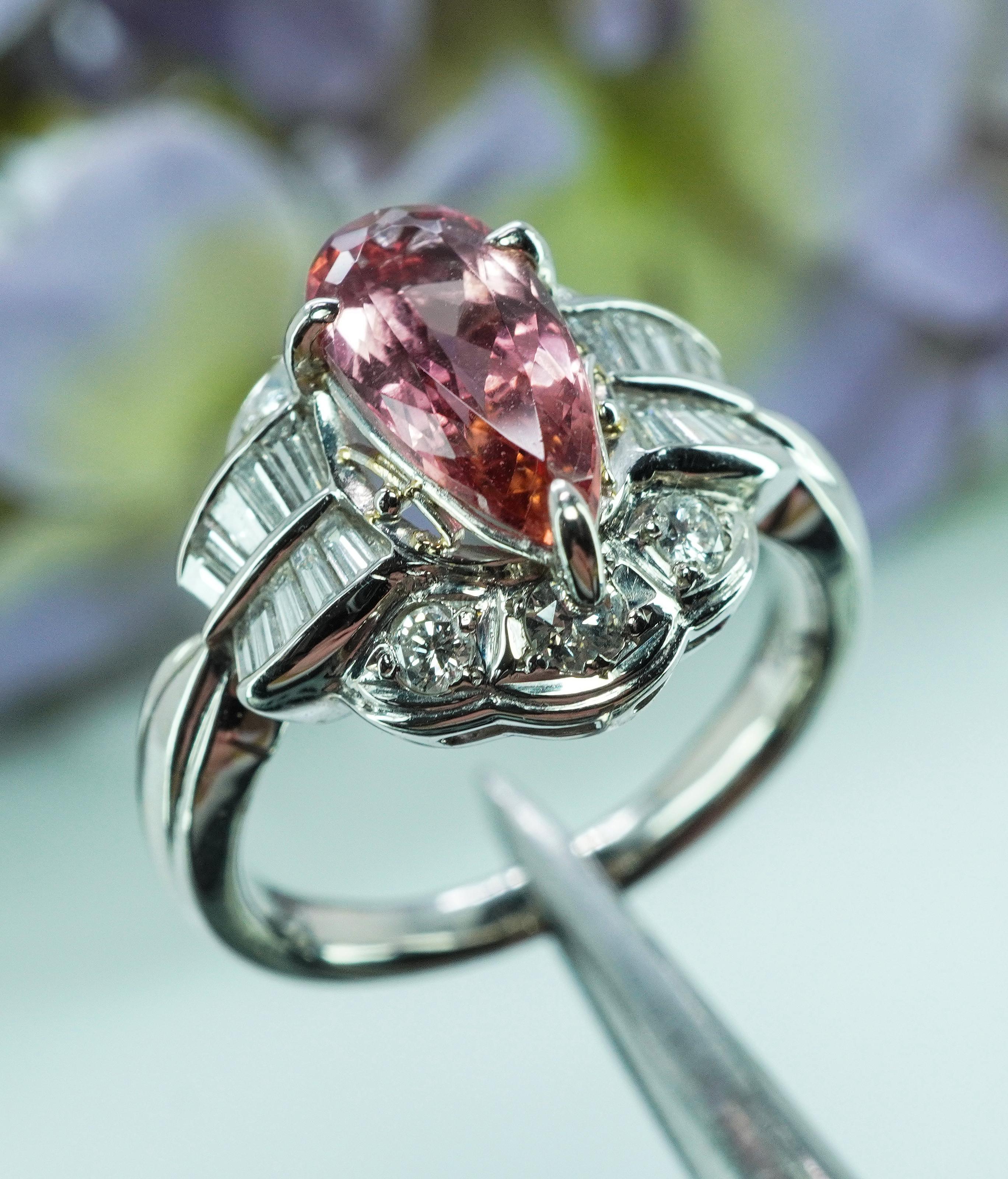 Pear Cut GIA Vintage Diamond Imperial Topaz Ring Platinum Estate Salmon Peach estate For Sale