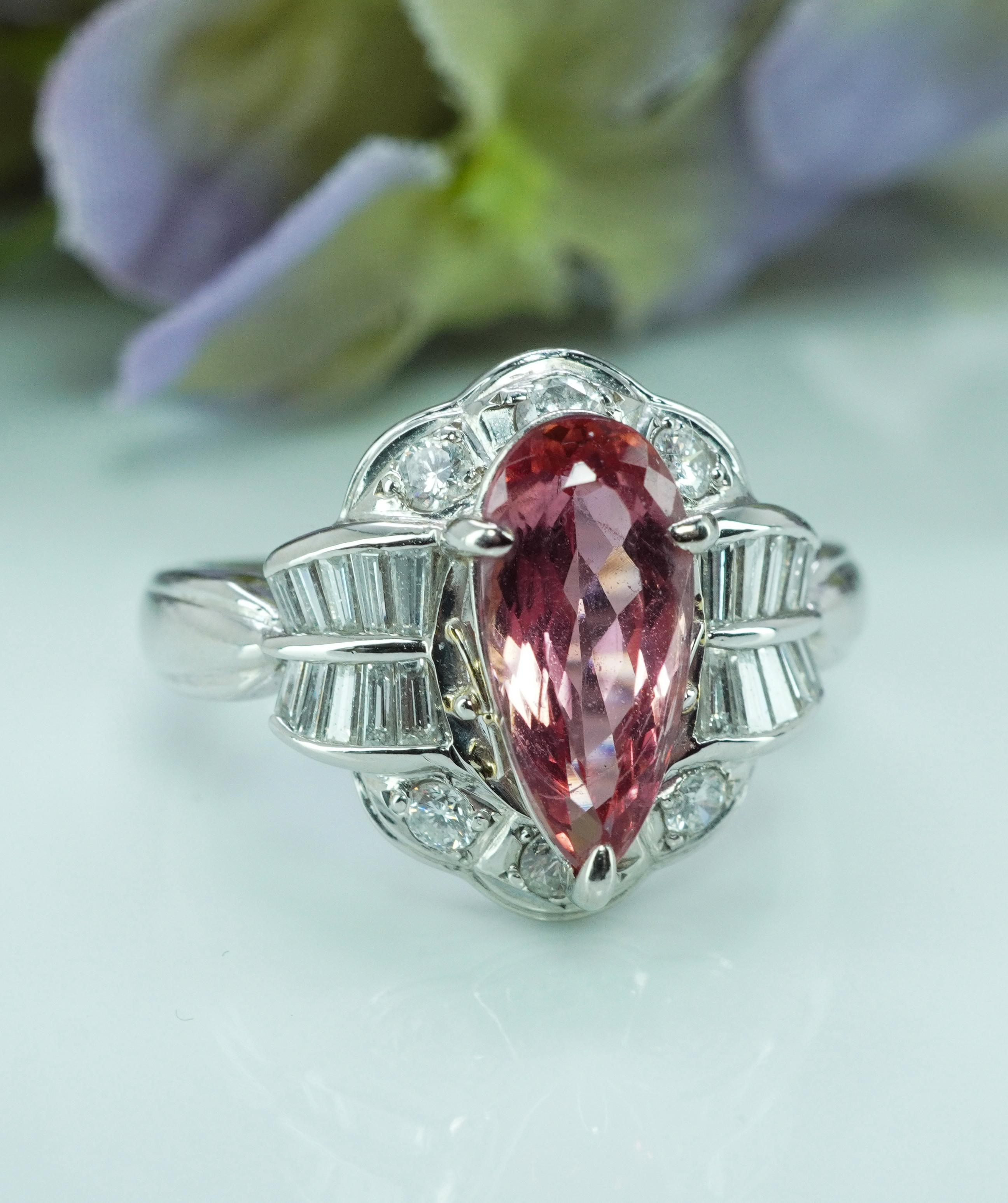 Women's GIA Vintage Diamond Imperial Topaz Ring Platinum Estate Salmon Peach estate For Sale