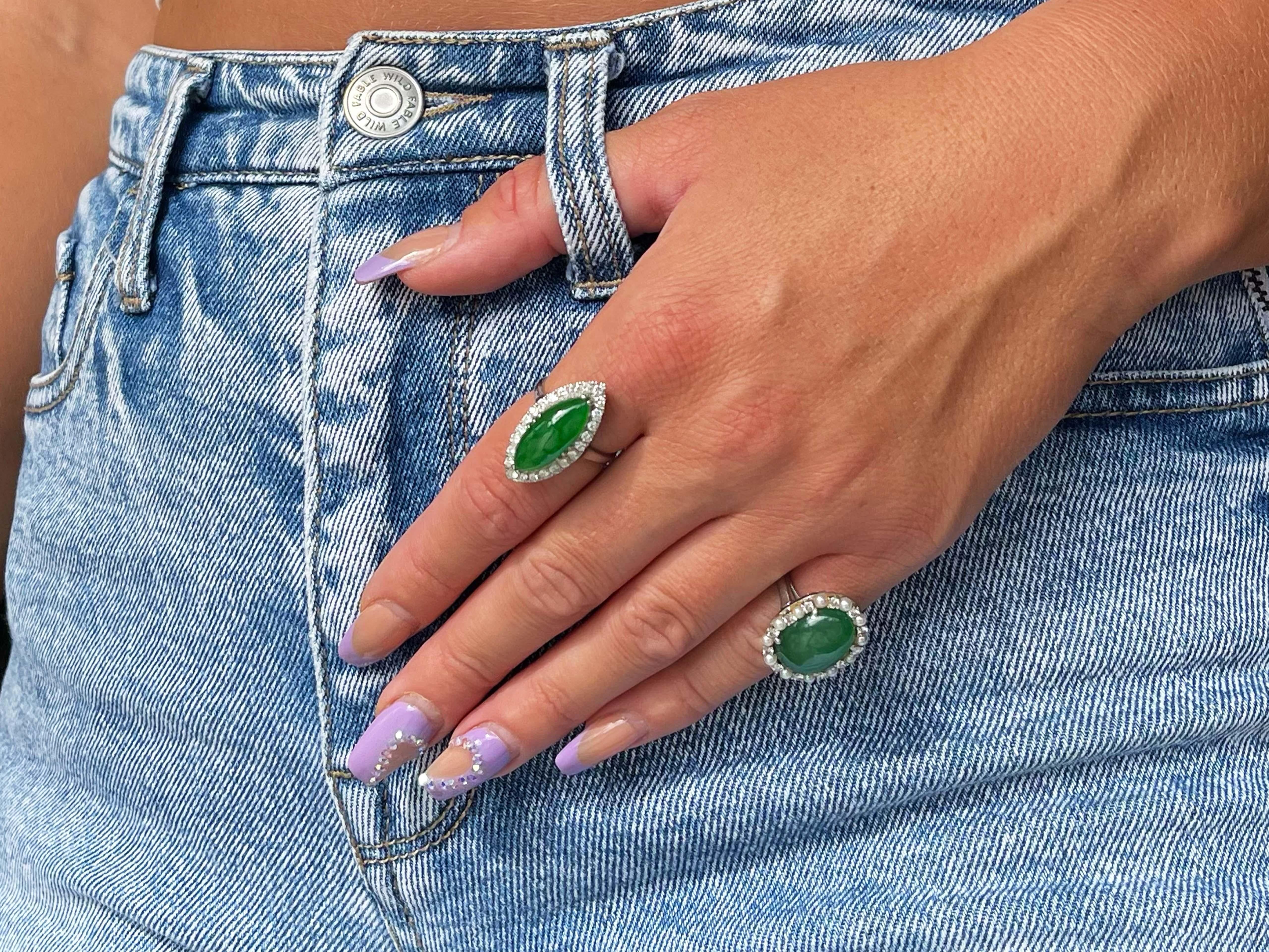 Modern GIA Vintage Marquise Double Cabochon Green Translucent Jadeite Jade Diamond Ring