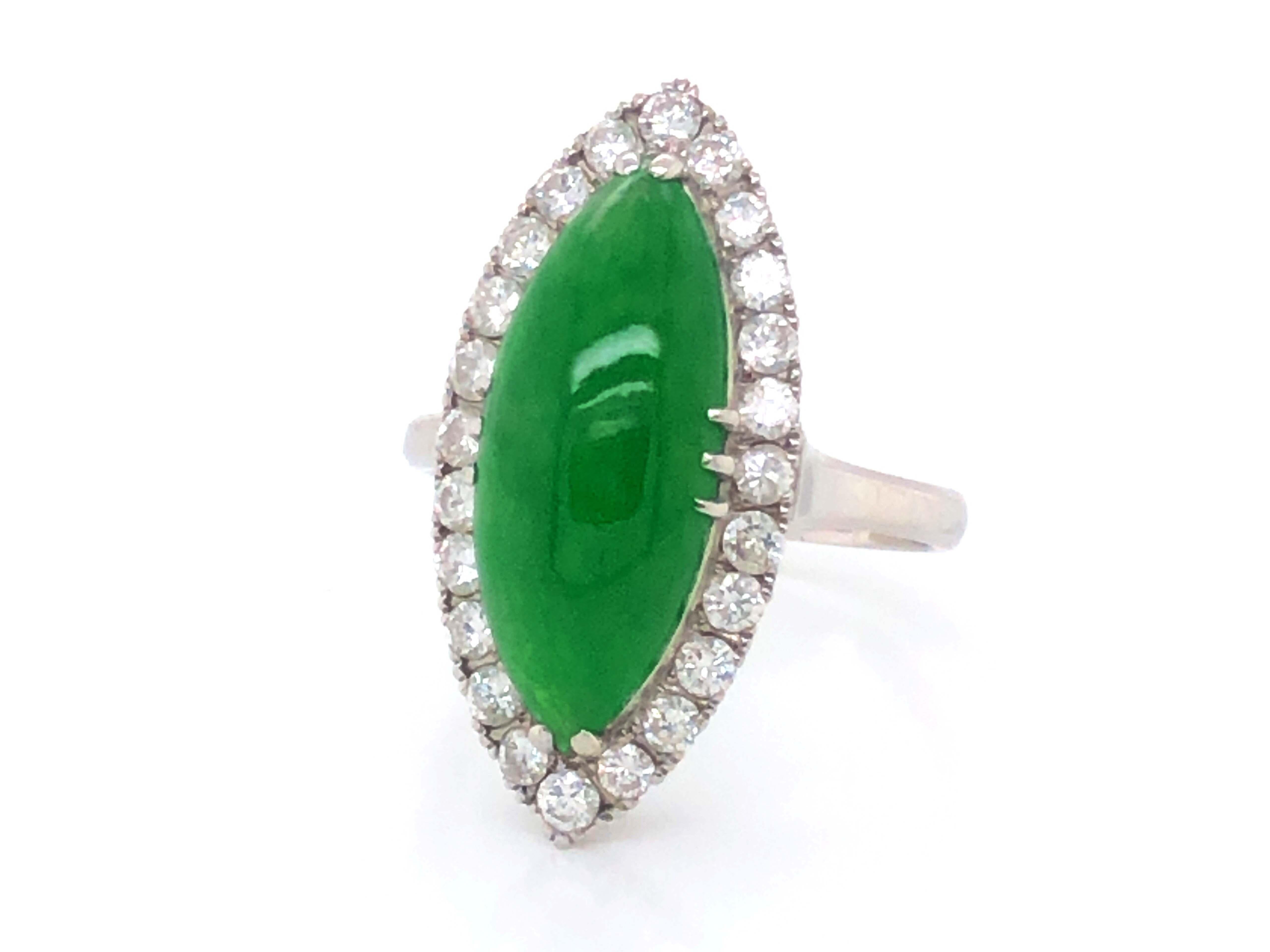 Women's or Men's GIA Vintage Marquise Double Cabochon Green Translucent Jadeite Jade Diamond Ring