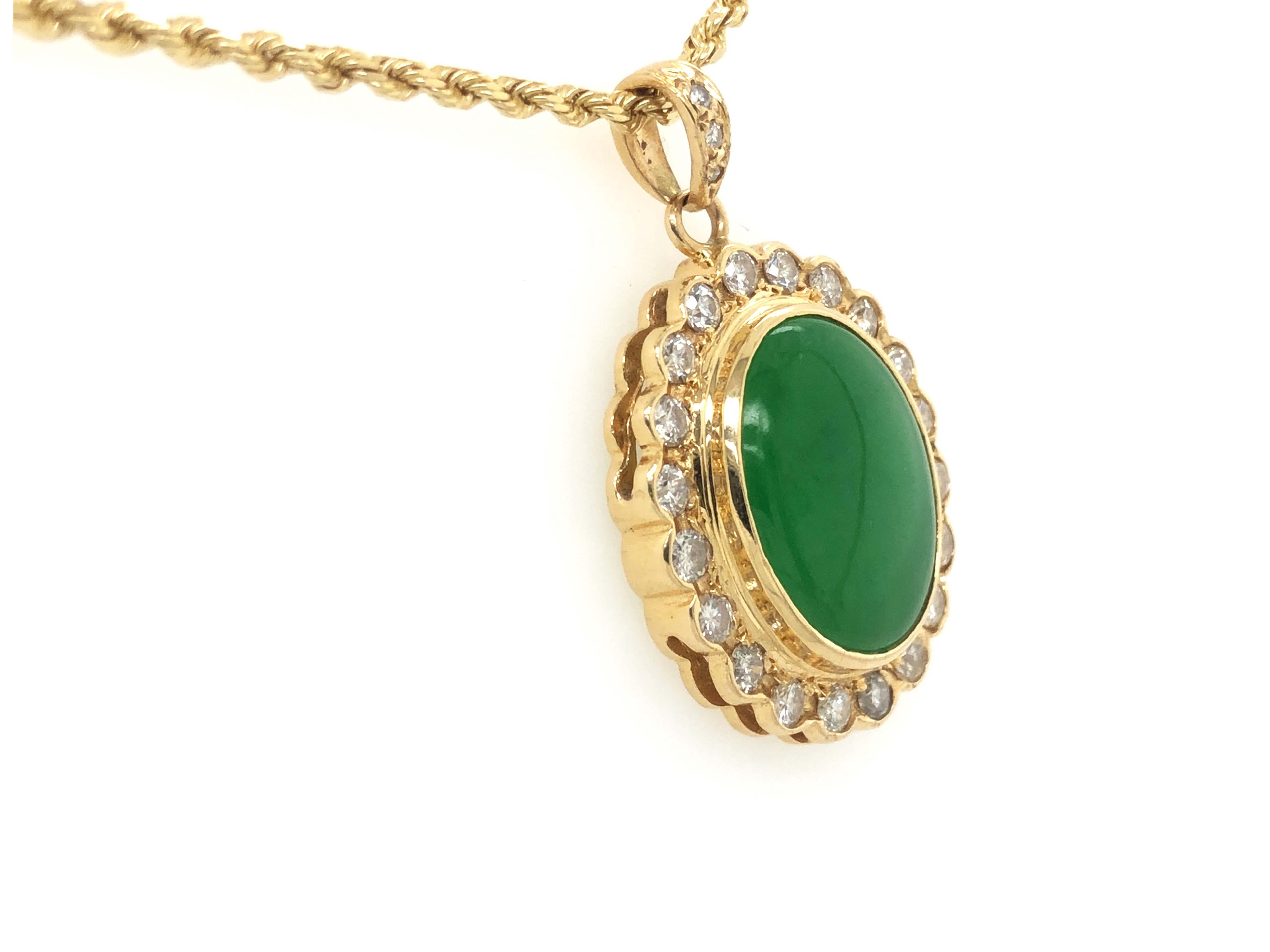Modern GIA Vintage Oval Cabochon Green Translucent Jadeite Jade and Diamond Pendant For Sale