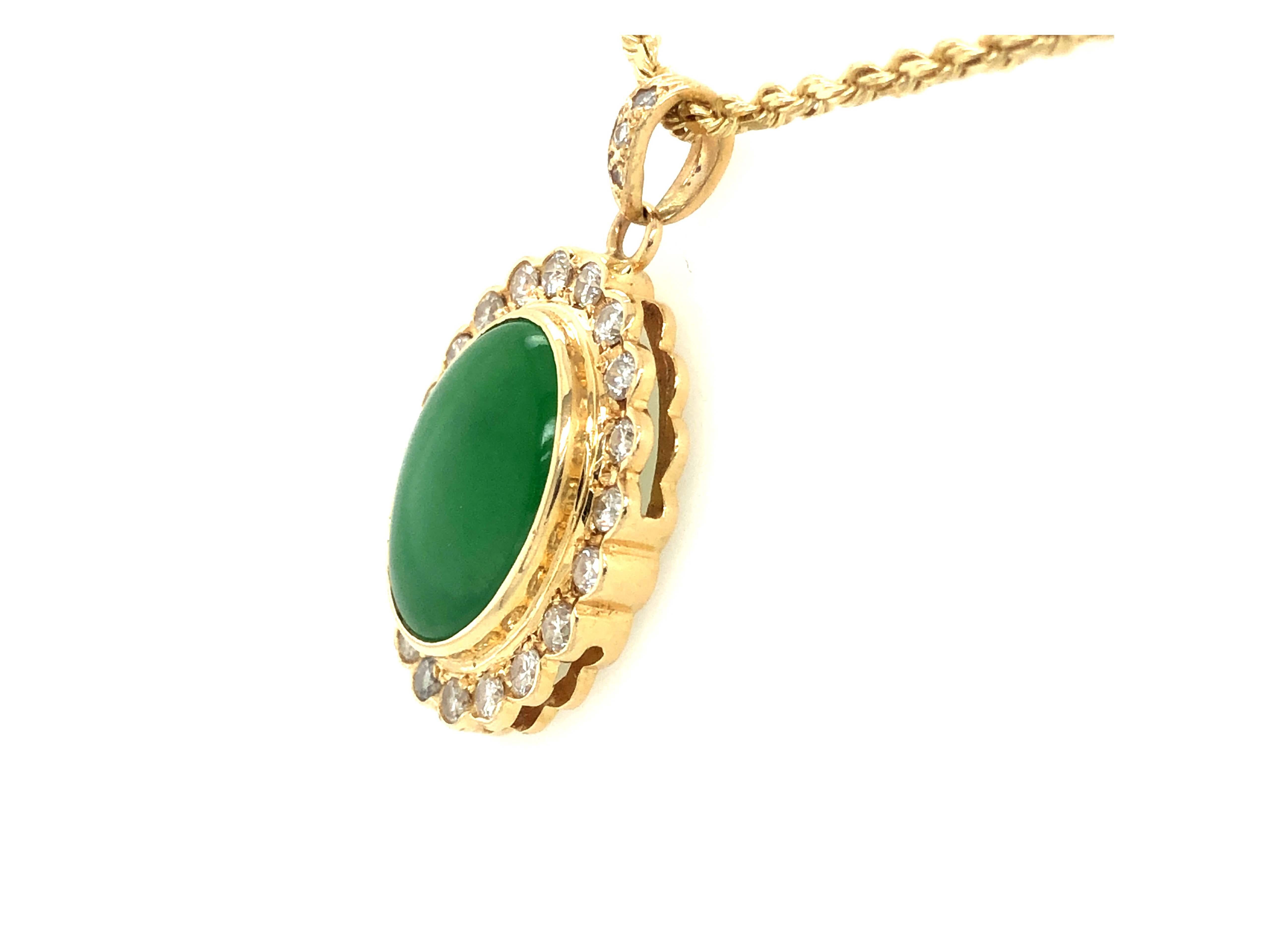 GIA Vintage Oval Cabochon Green Translucent Jadeite Jade and Diamond Pendant In Excellent Condition For Sale In Honolulu, HI