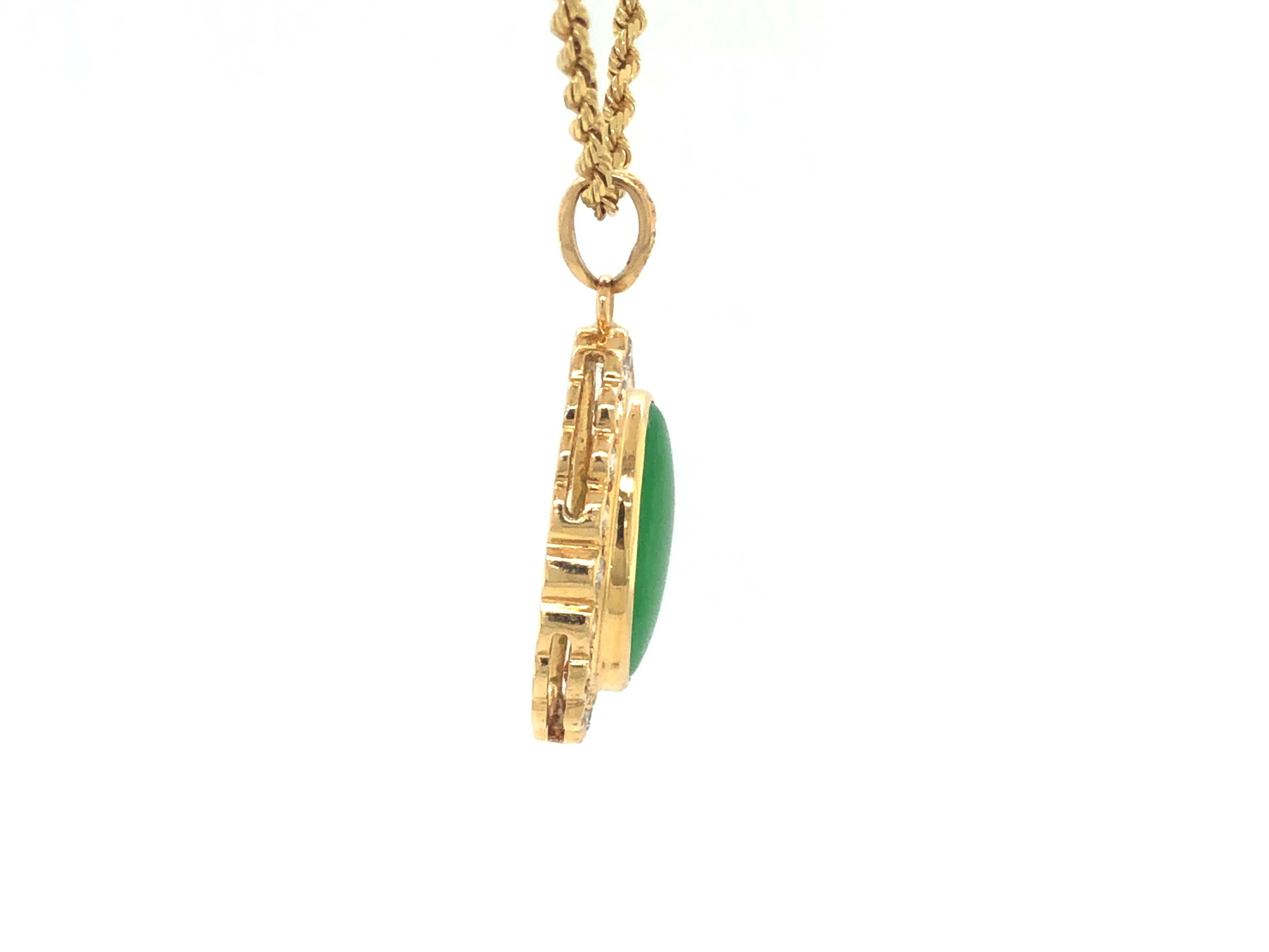 GIA Vintage Oval Cabochon Green Translucent Jadeite Jade and Diamond Pendant For Sale 1