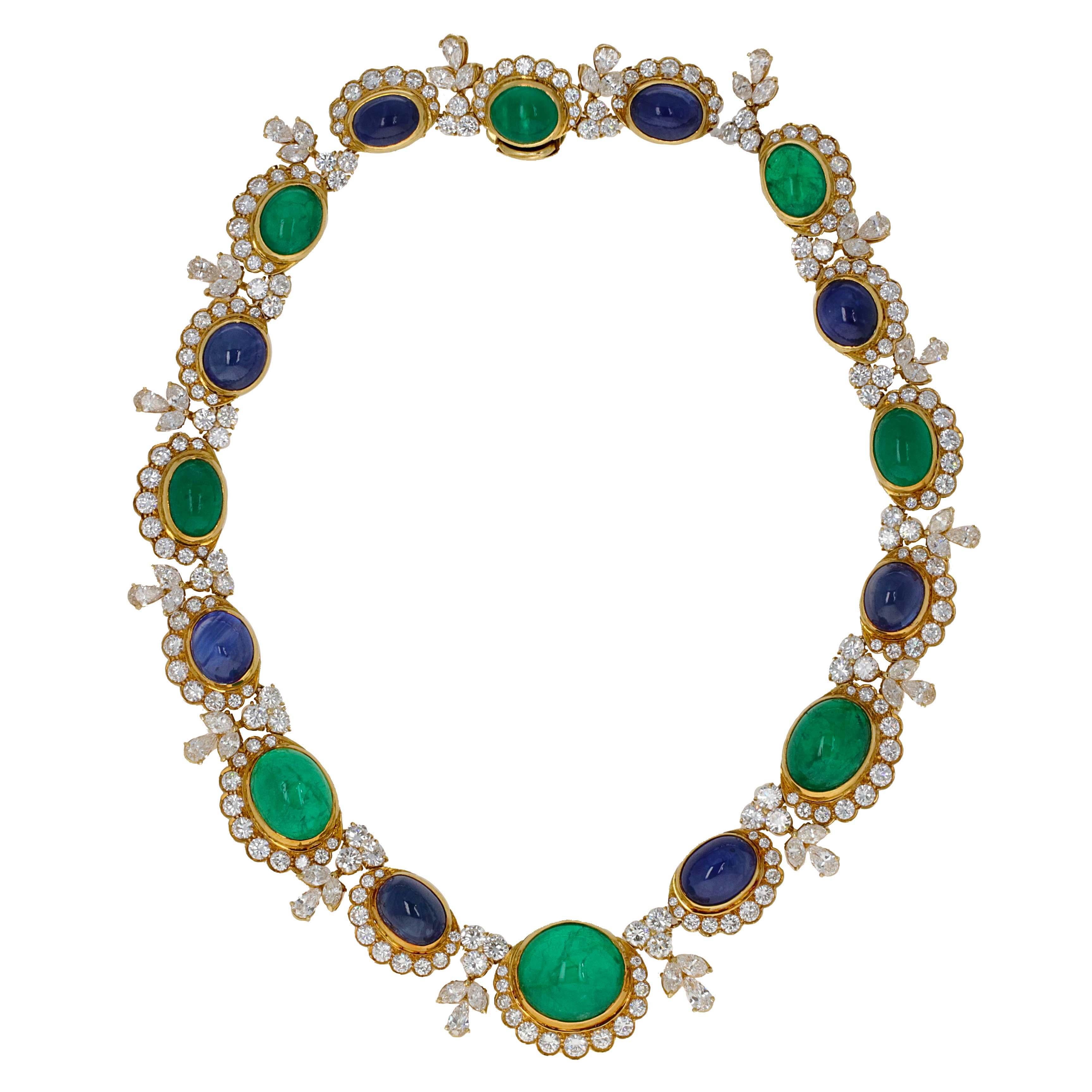 GIA Vintage Retro Saphir Smaragd Cabochon und Diamant-Halskette Damen im Angebot