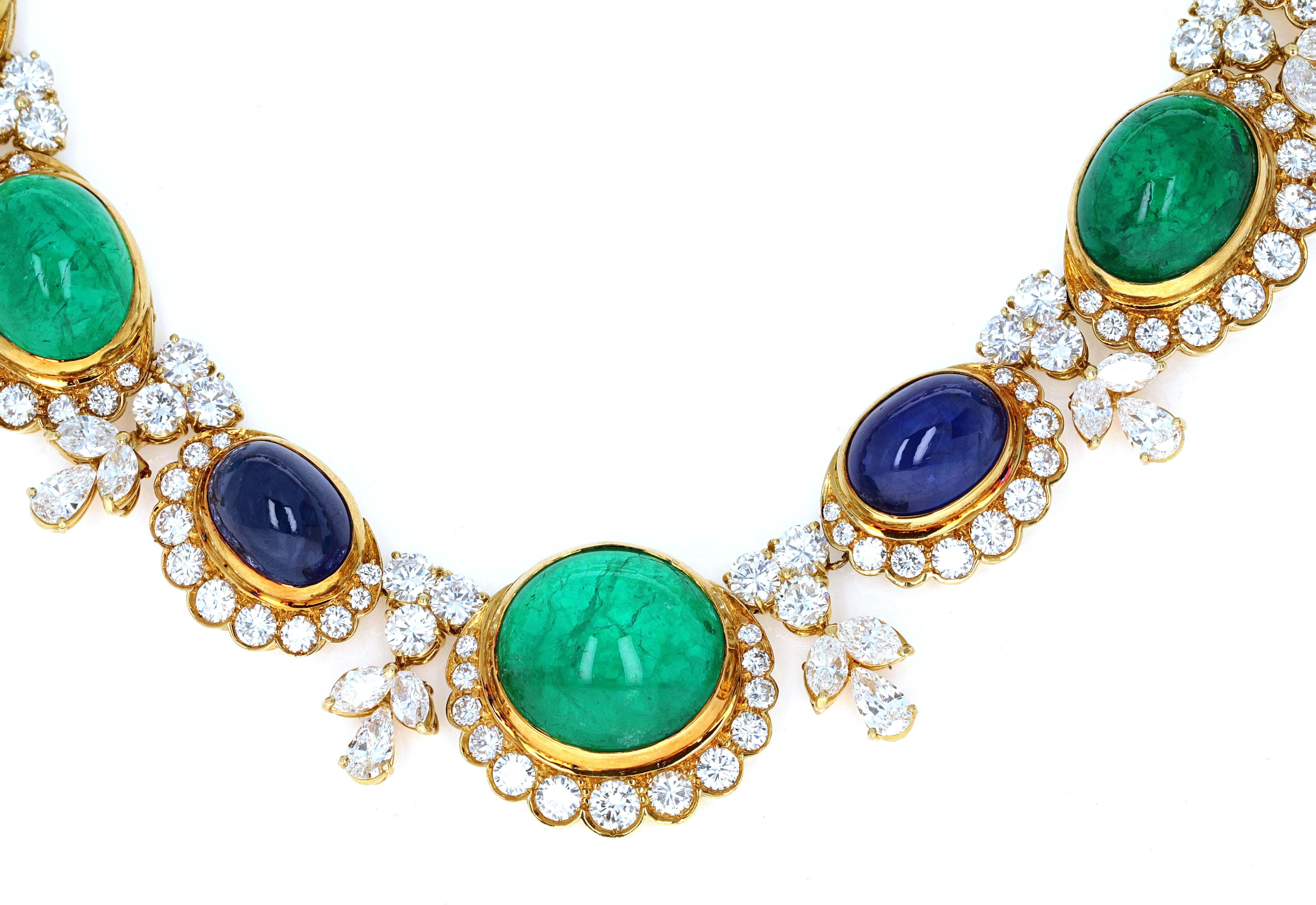 GIA Vintage Retro Saphir Smaragd Cabochon und Diamant-Halskette im Angebot 2