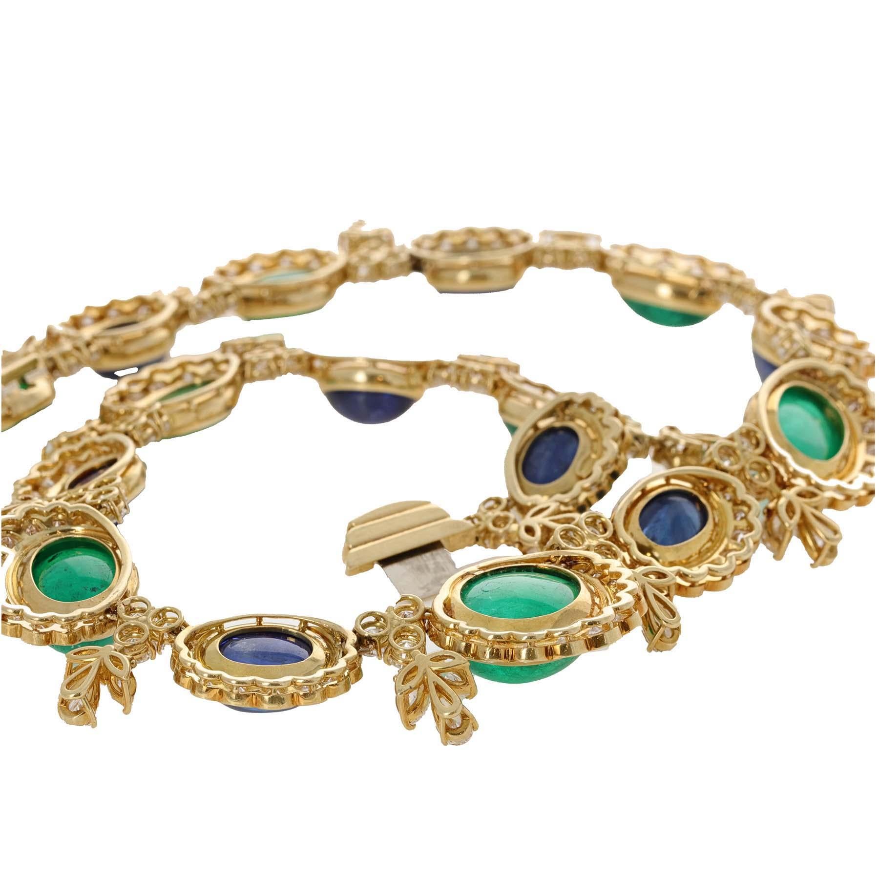 GIA Vintage Retro Saphir Smaragd Cabochon und Diamant-Halskette im Angebot 3