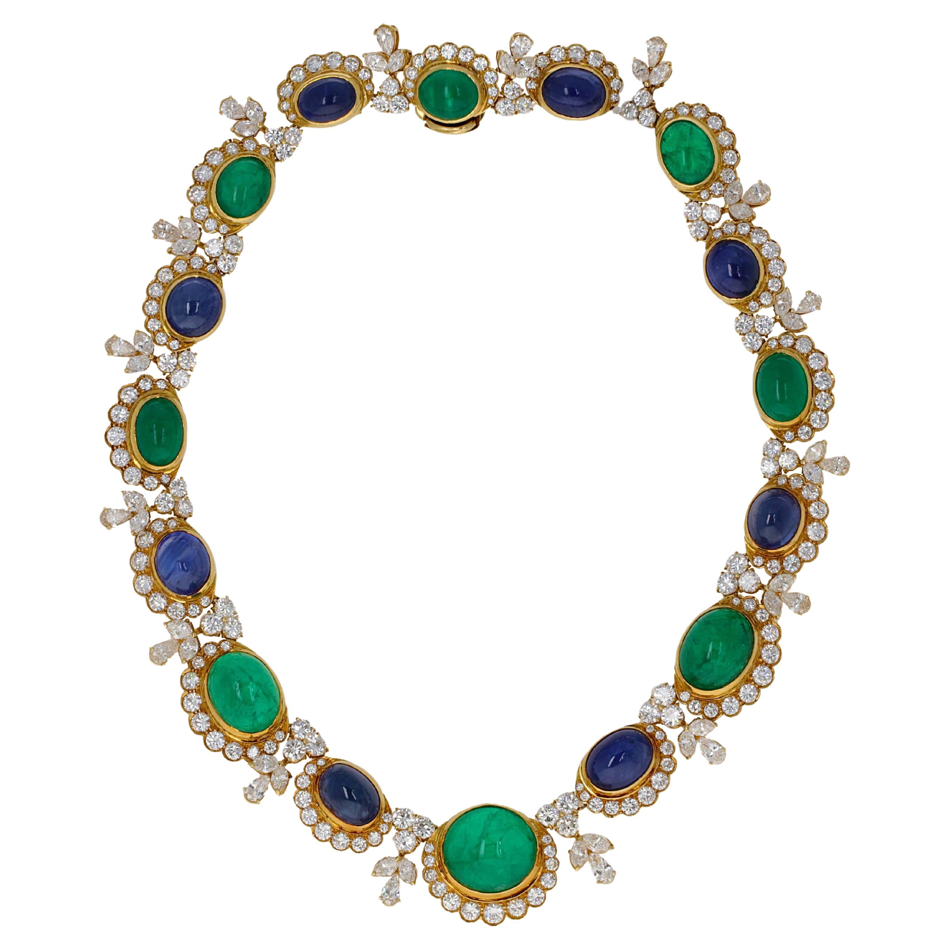 GIA Vintage Retro Sapphire Emerald Cabochon and Diamond Necklace