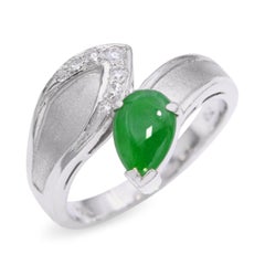 GIA Vintage White Gold Burmese Type A Green Jade and Diamond Ring