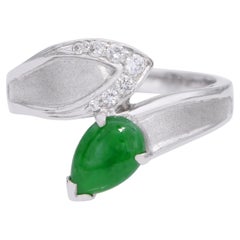 GIA Vintage White Gold Burmese Type A Green Jade and Diamond Ring