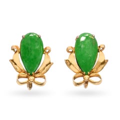 GIA Vintage Yellow Gold Green Type A Jadeite Jade Bow Motif Screwback Earrings