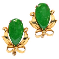 GIA Vintage Yellow Gold Green Type A Jadeite Jade Bow Motif Screwback Earrings