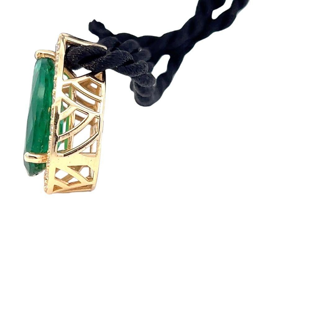 Pear Cut GIA Green Emerald and Diamond Yellow Gold Pendant For Sale