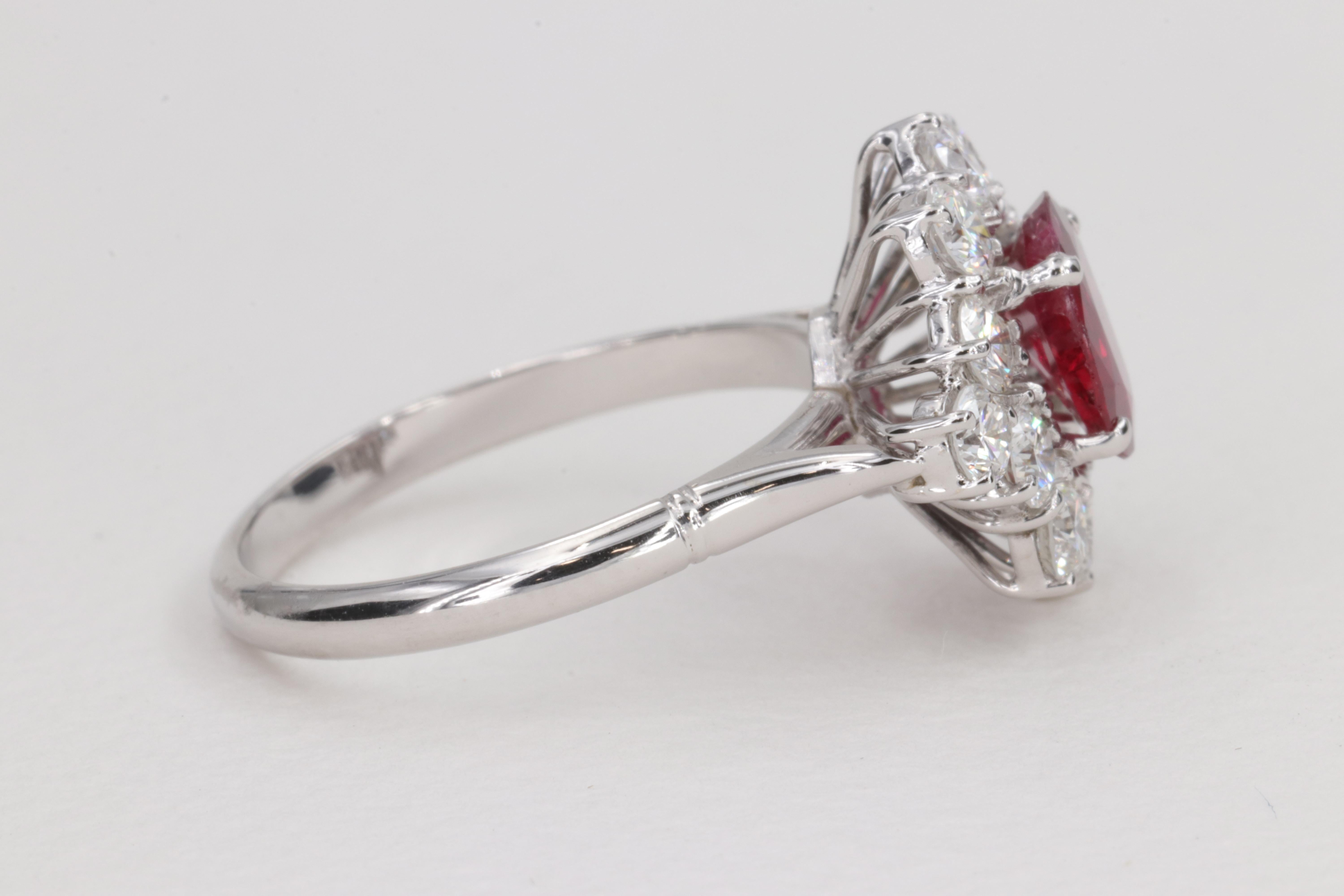 G.I.A. Vivid Red Ruby and Diamond Halo Handmade Ring For Sale 2