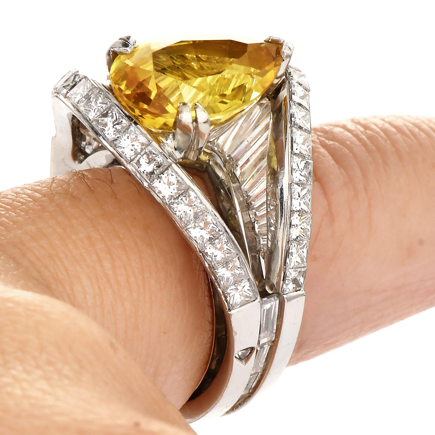 GIA Vivid Yellow No Heat Sapphire Diamond Platinum Pear Cut Unique Cocktail Ring 5