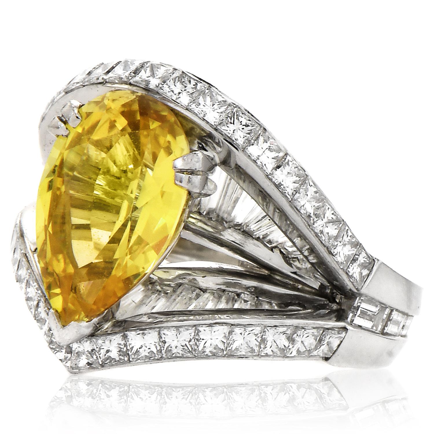 Women's GIA Vivid Yellow No Heat Sapphire Diamond Platinum Pear Cut Unique Cocktail Ring