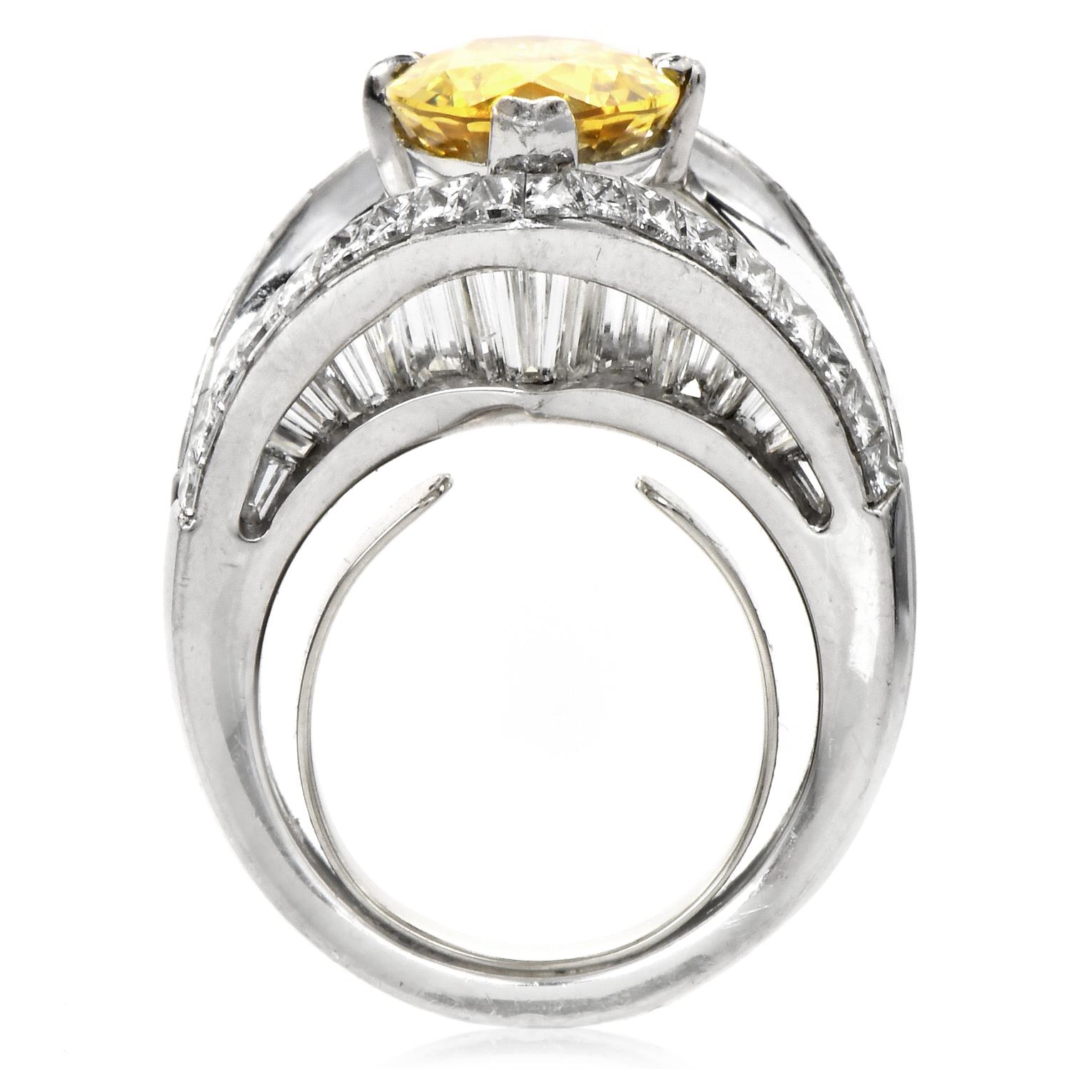 GIA Vivid Yellow No Heat Sapphire Diamond Platinum Pear Cut Unique Cocktail Ring 1