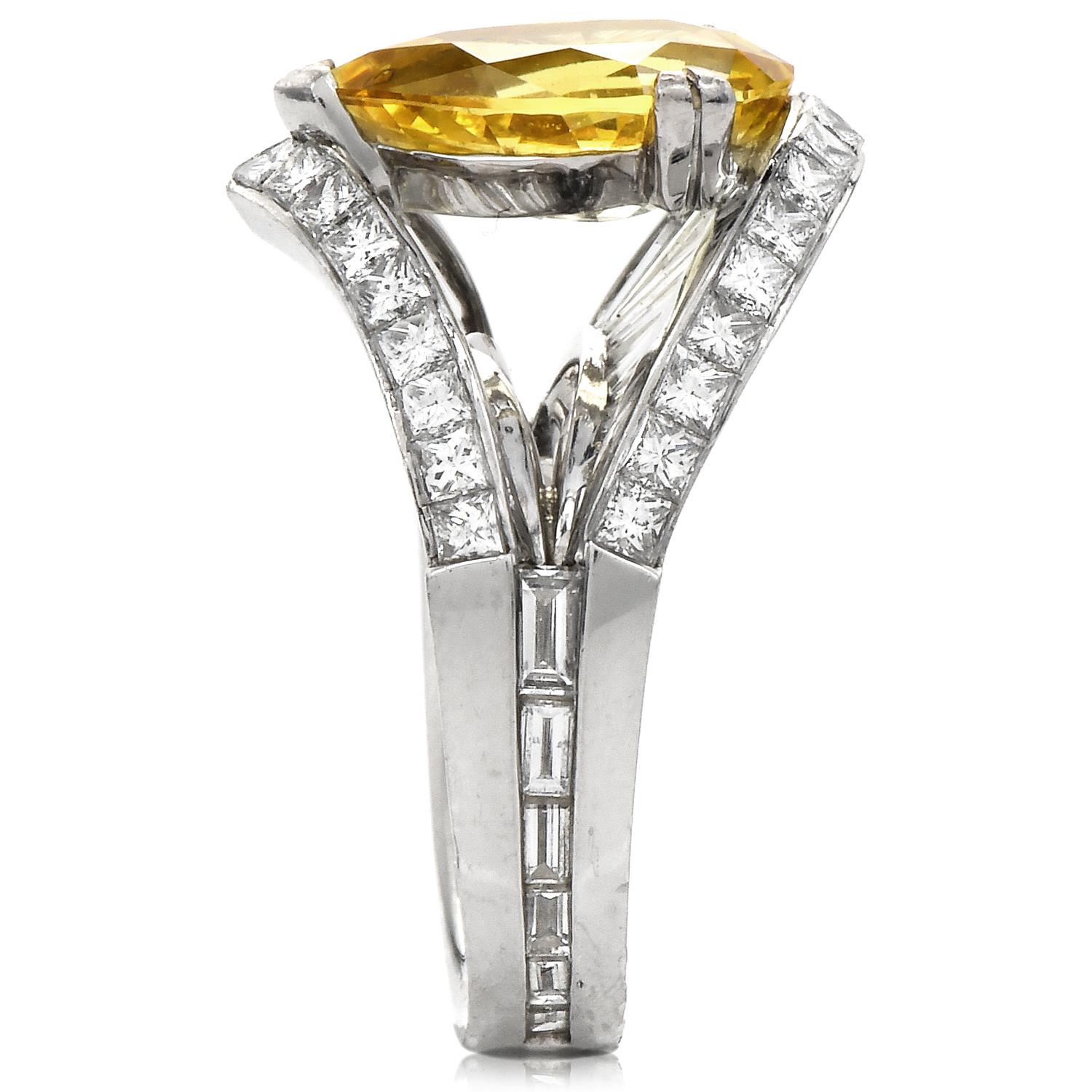GIA Vivid Yellow No Heat Sapphire Diamond Platinum Pear Cut Unique Cocktail Ring 2
