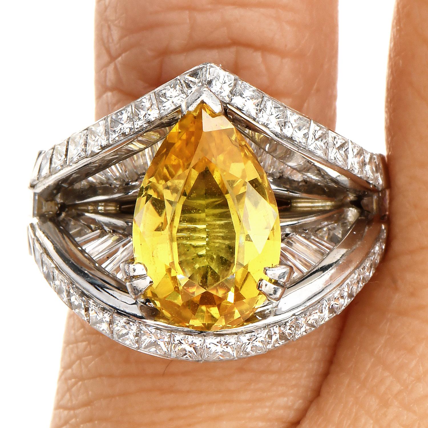 GIA Vivid Yellow No Heat Sapphire Diamond Platinum Pear Cut Unique Cocktail Ring 4