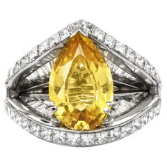 Vintage GIA Vivid Yellow No Heat Sapphire Diamond Platinum Pear Cut Unique Cocktail Ring