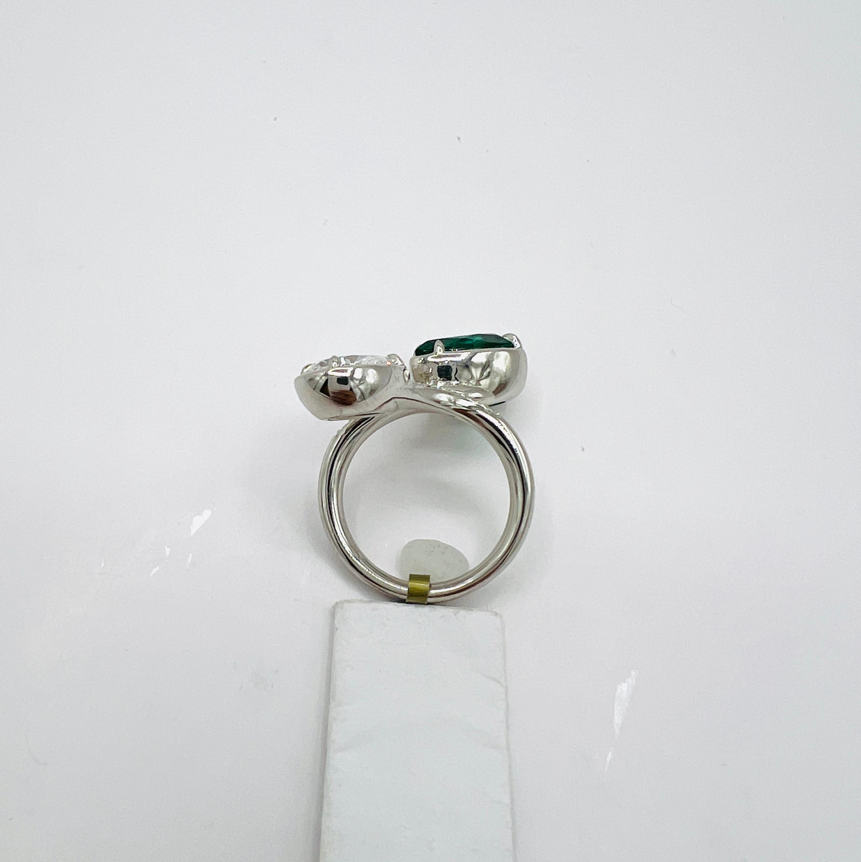 Women's or Men's GIA White Diamond and Emerald Bypass Ring in Platinum For Sale