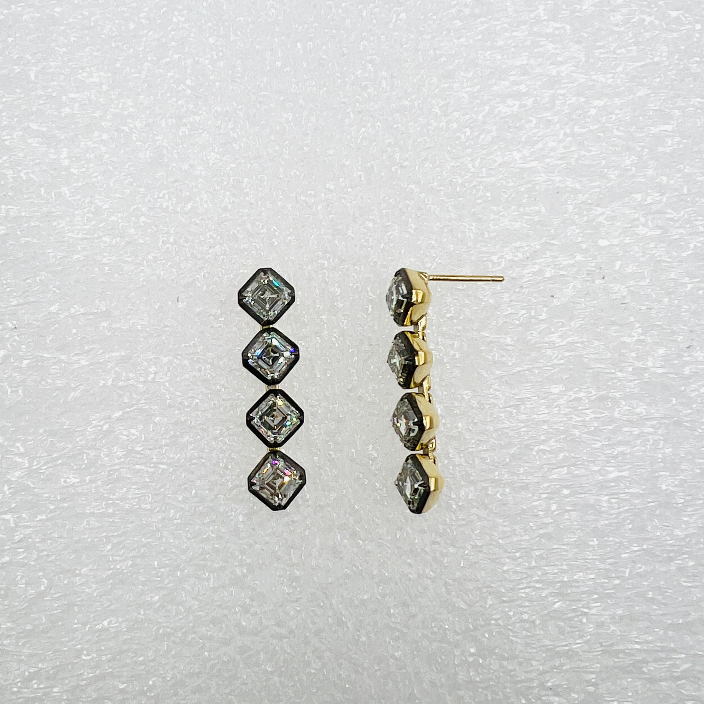 Boucles d'oreilles pendantes en rhodium noir et jaune 18 carats avec diamant blanc GIA taillé en Asscher Unisexe en vente