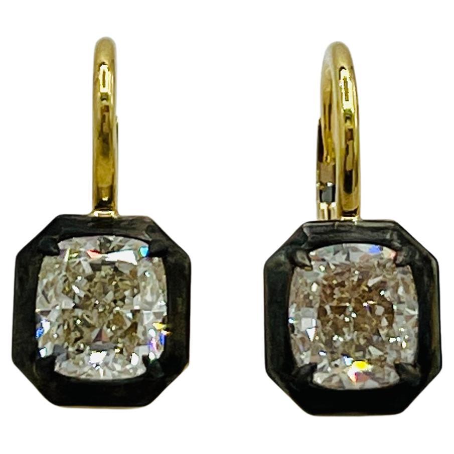 GIA Weißer Diamant im Kissenschliff 1,5 Karat je schwarzer Rhodium & 18K Gold Ohrringe