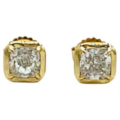 GIA White Diamond Cushion Bezel Stud Earrings in 18K Yellow Gold