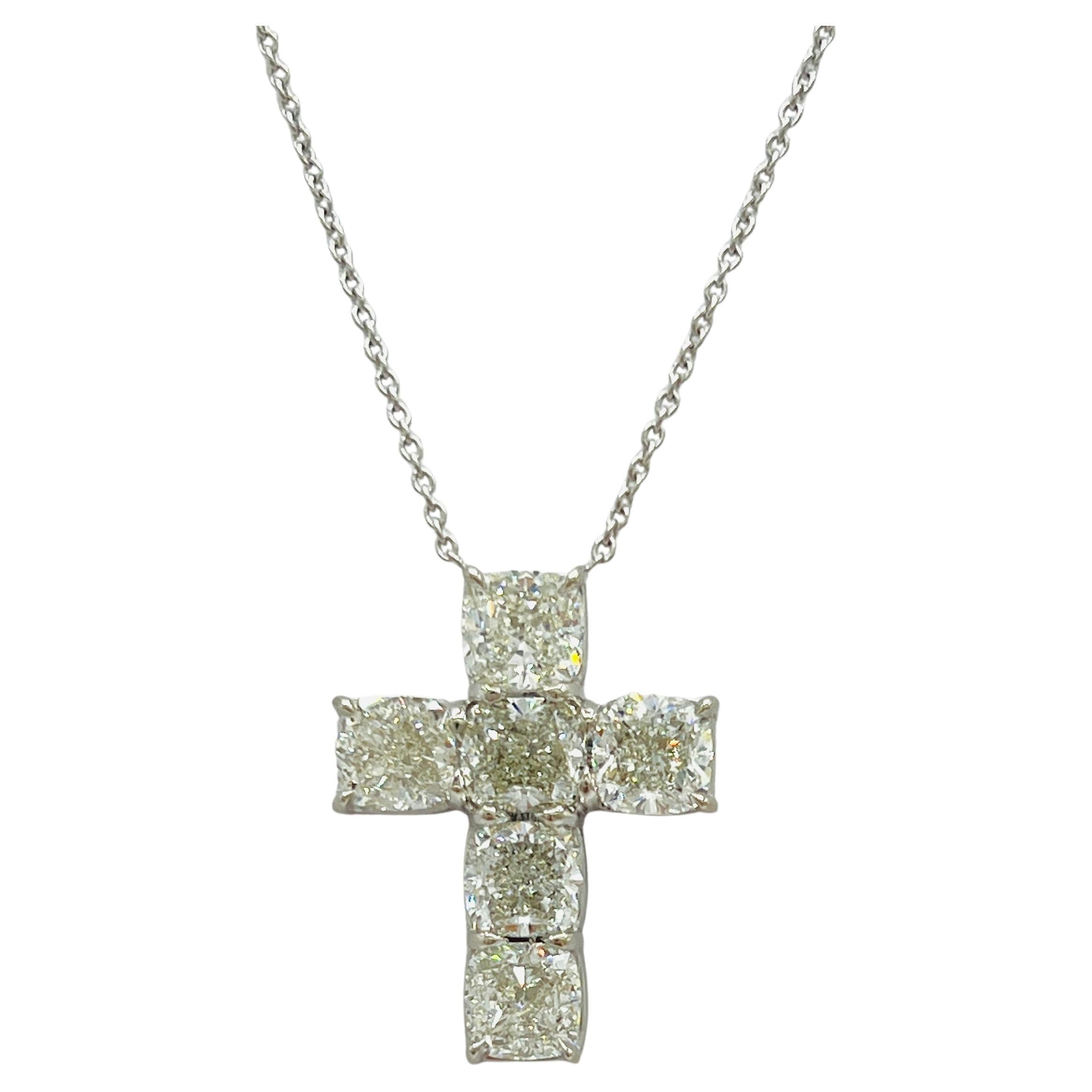 GIA White Diamond Cushion Cross Pendant Necklace in 18K White Gold