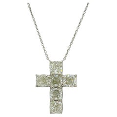GIA White Diamond Cushion Cross Pendant Necklace in 18K White Gold