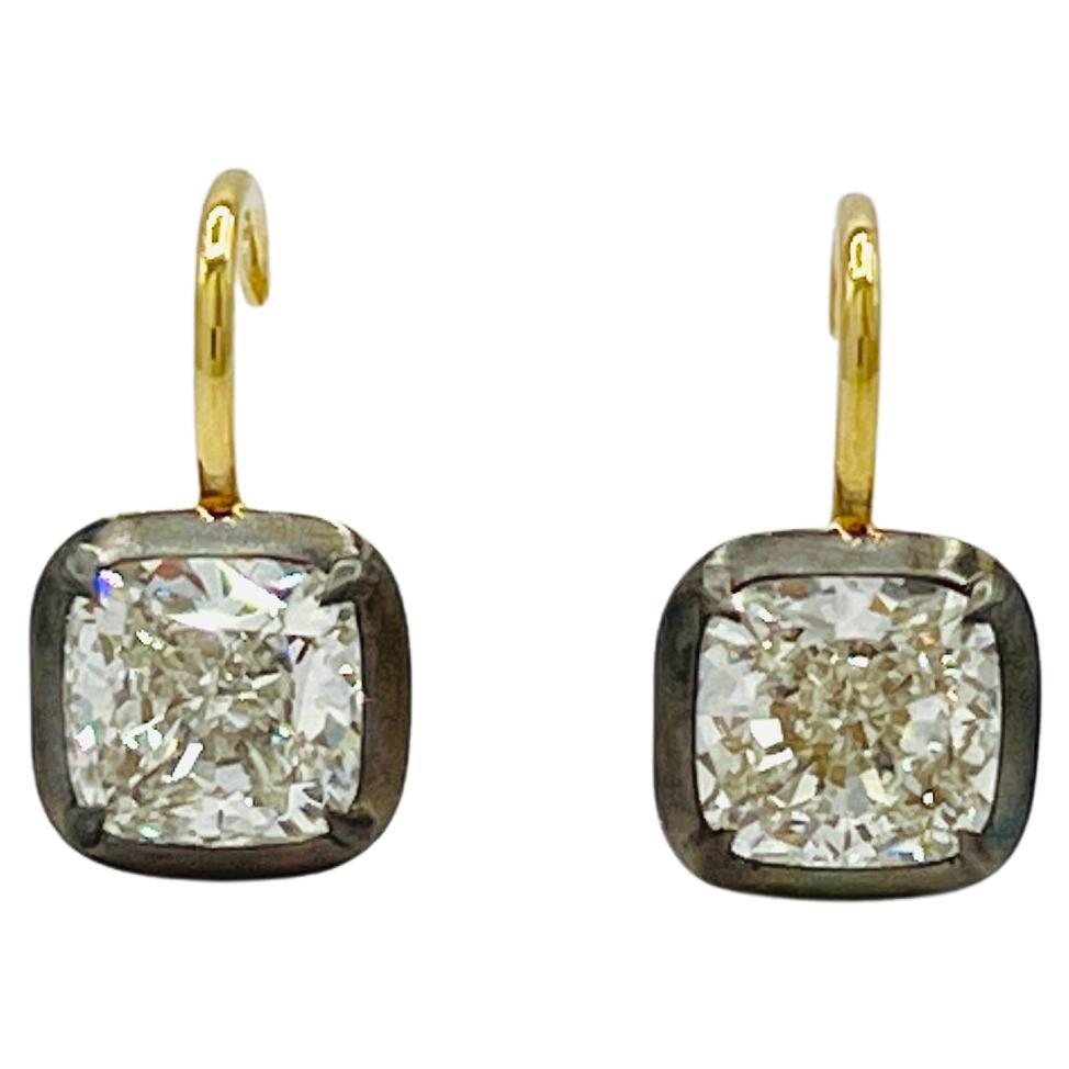 GIA White Diamond Cushion Cut Dangle Earrings in 18K Yellow Gold & Black Rhodium