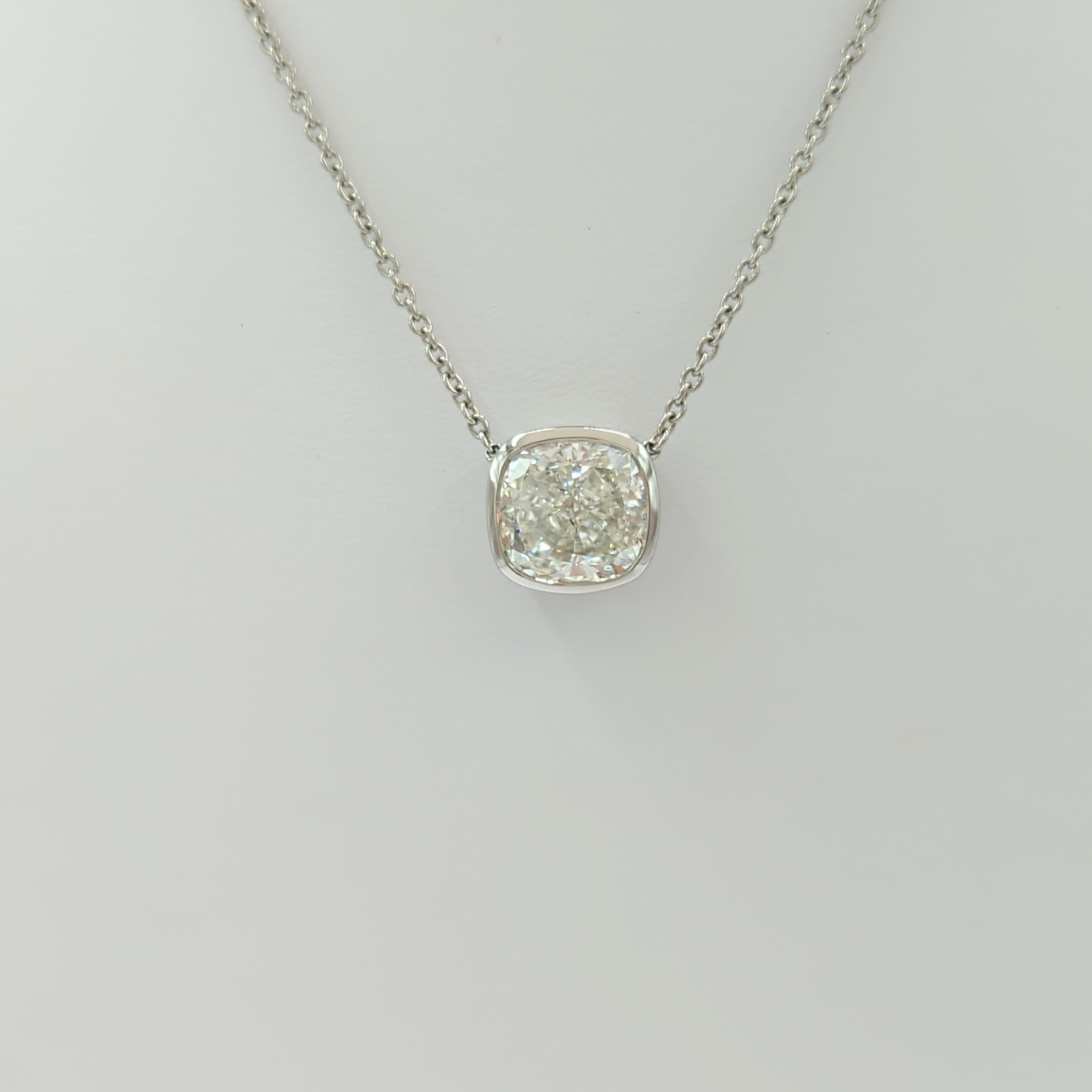 Women's or Men's GIA White Diamond Cushion Pendant Necklace in Platinum  For Sale