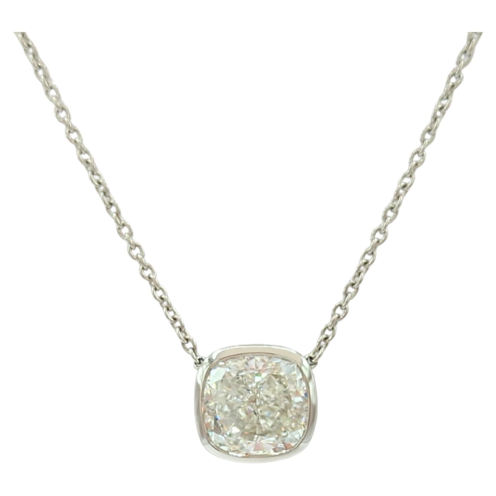 GIA White Diamond Cushion Pendant Necklace in Platinum  For Sale