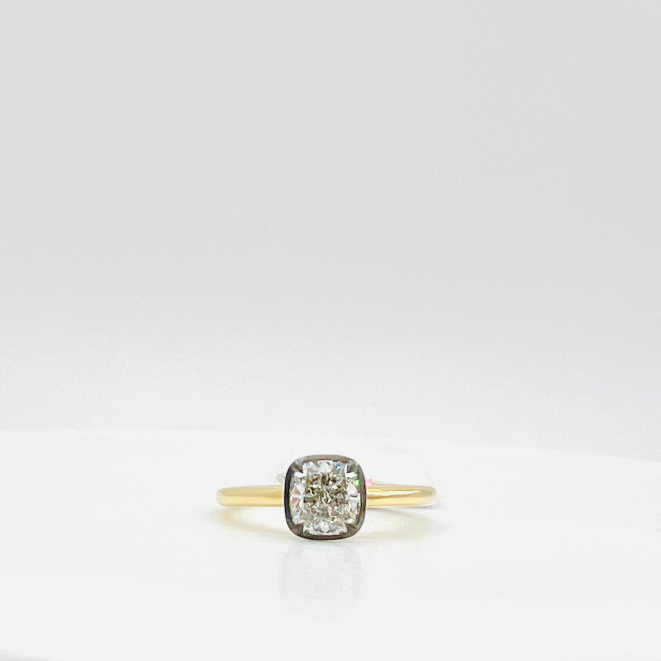GIA White Diamond Cushion Solitaire Ring in Black Rhodium & 18K Yellow Gold