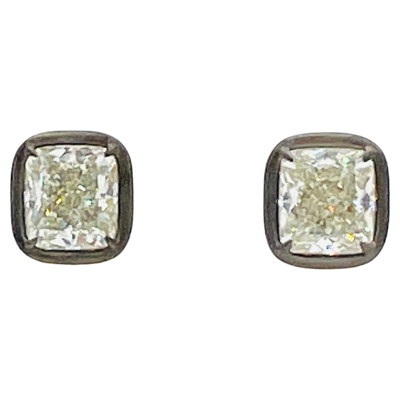 GIA White Diamond Cushion Stud Earrings in 18K Yellow Gold & Black Rhodium