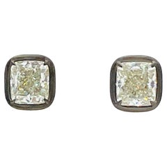 GIA White Diamond Cushion Stud Earrings in 18K Yellow Gold & Black Rhodium
