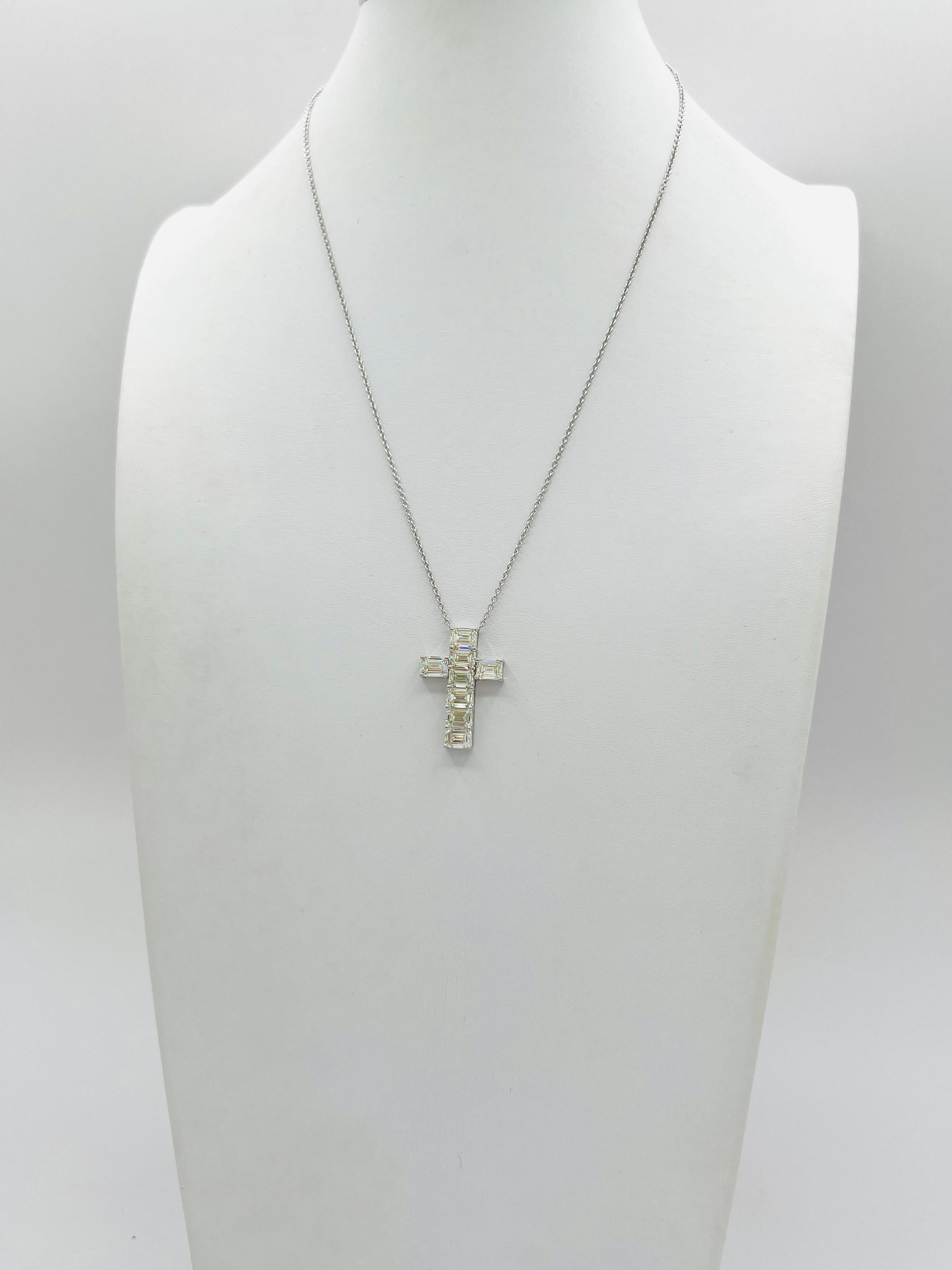 Emerald Cut GIA White Diamond Cut Cross Pendant Necklace  in 18K White Gold For Sale