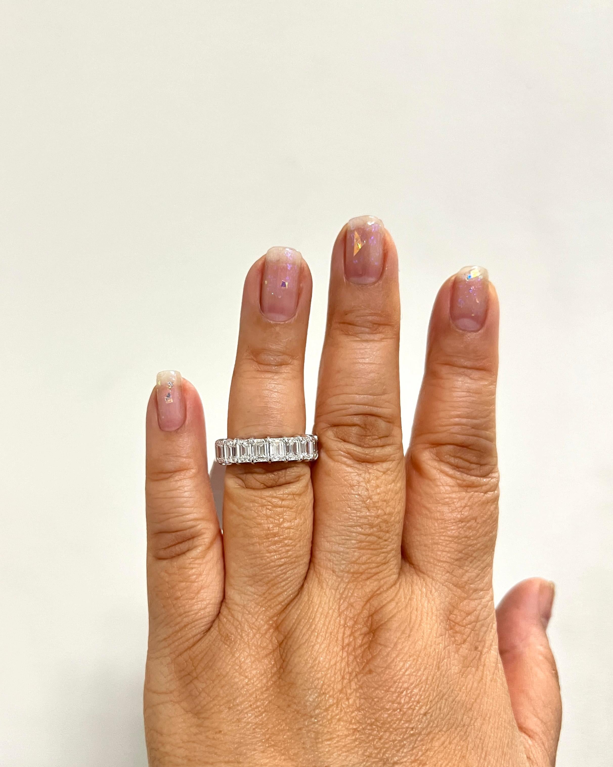Gorgeous 7.71 ct. D IF emerald cut diamonds.  Total of 19 stones, 0.40 each.  Handmade in 18k white gold.  Ring size 7.5.  All stones have a GIA certificate that will be included.  Any size, stone, quality can be custom made.