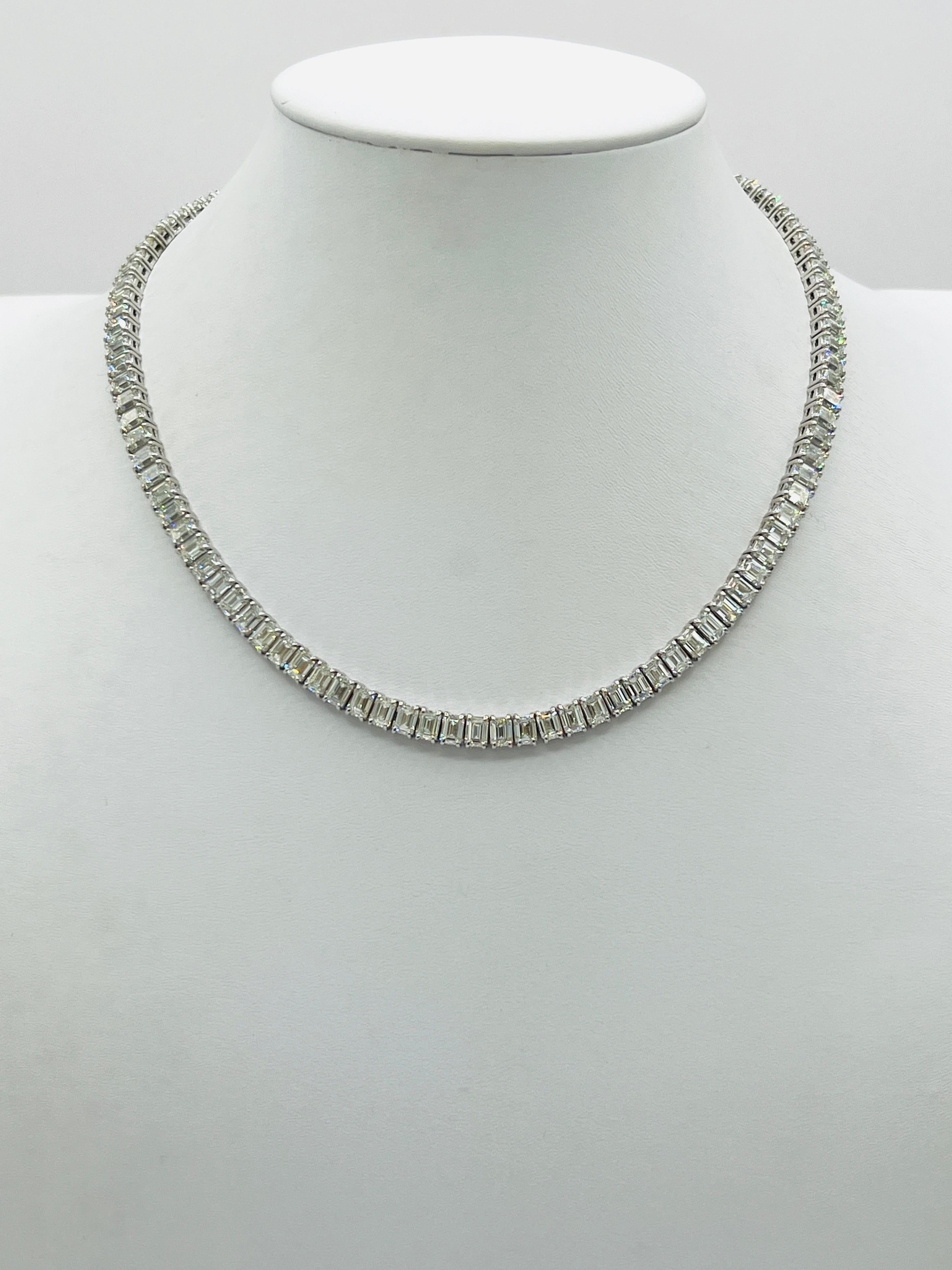 GIA White Diamond Emerald Cut Tennis Necklace in 18K White Gold For Sale 1